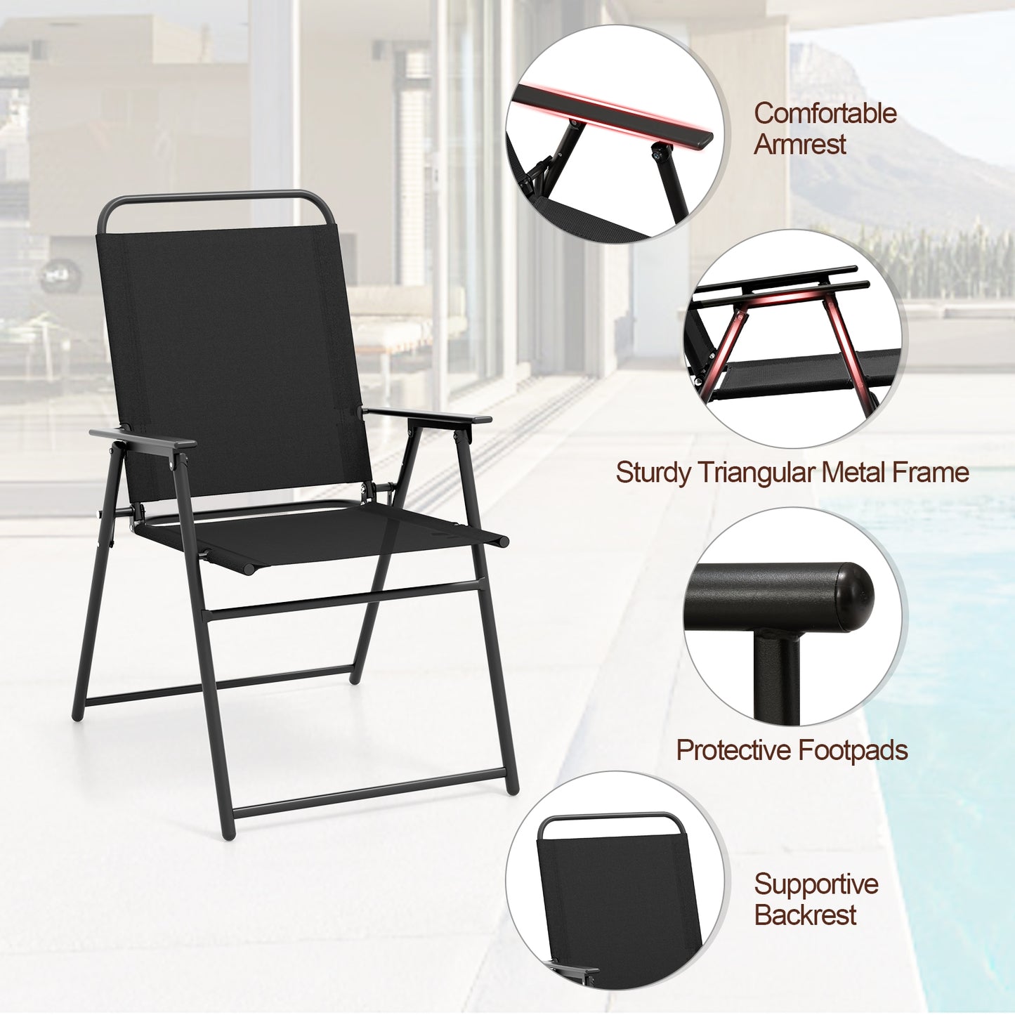 Outdoor Folding Sling Chairs with Armrest and Backrest-Black