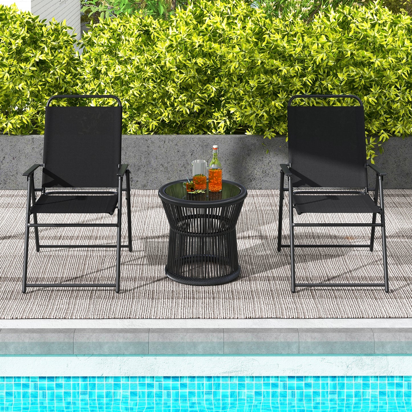 Outdoor Folding Sling Chairs Set of 4 with Armrest and Backrest-Black