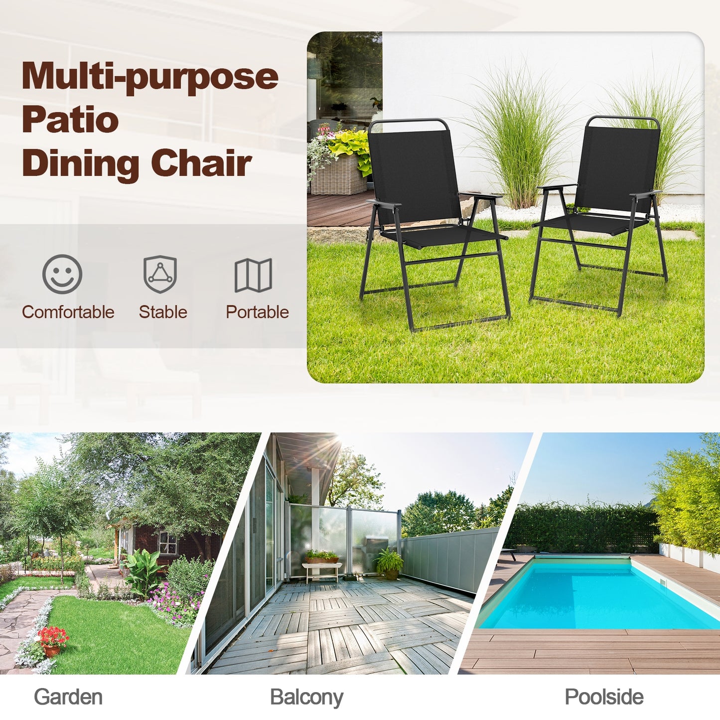 Outdoor Folding Sling Chairs Set of 4 with Armrest and Backrest-Black