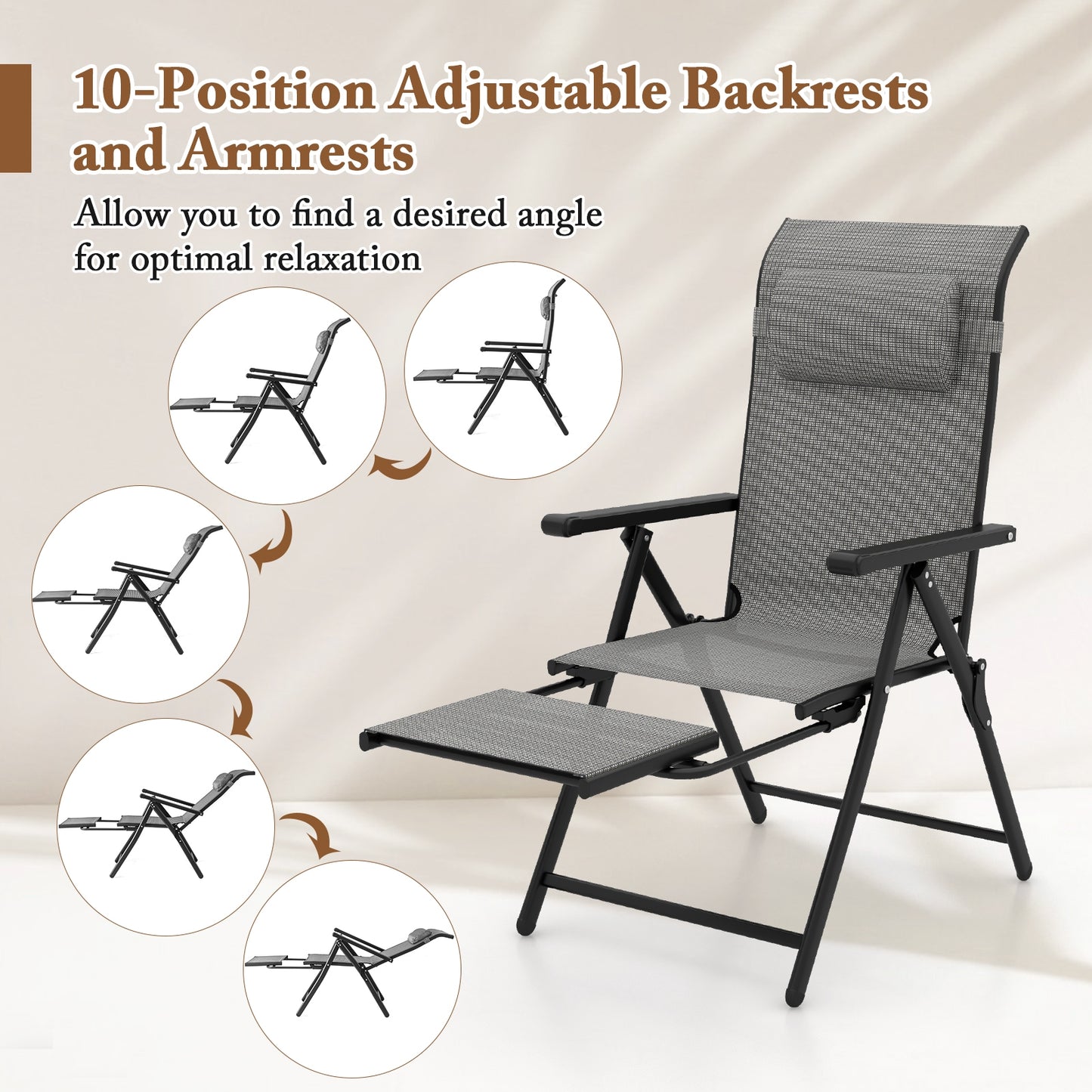Folding Patio Chairs Set of 2 with 10-Level Adjustable Backrests and Armrests-Grey