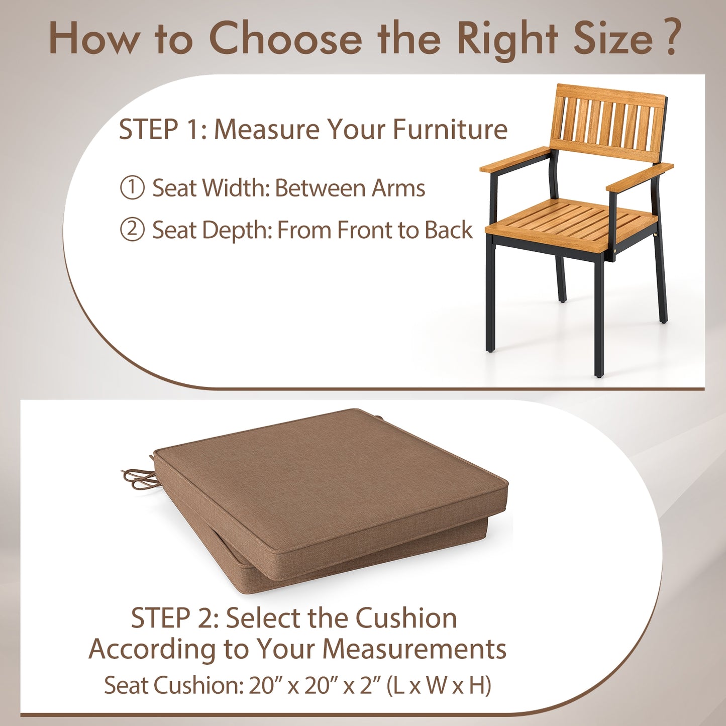 Outdoor Chair Cushion Set of 2 Waterproof Fade-Resistant Olefin Seat Cushions-Brown