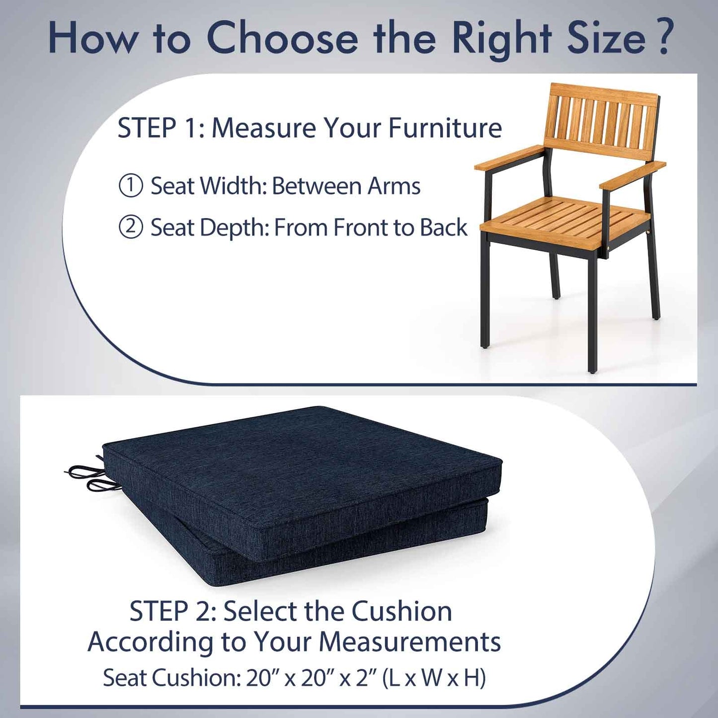 Outdoor Chair Cushion Set of 2 Waterproof Fade-Resistant Olefin Seat Cushions-Navy