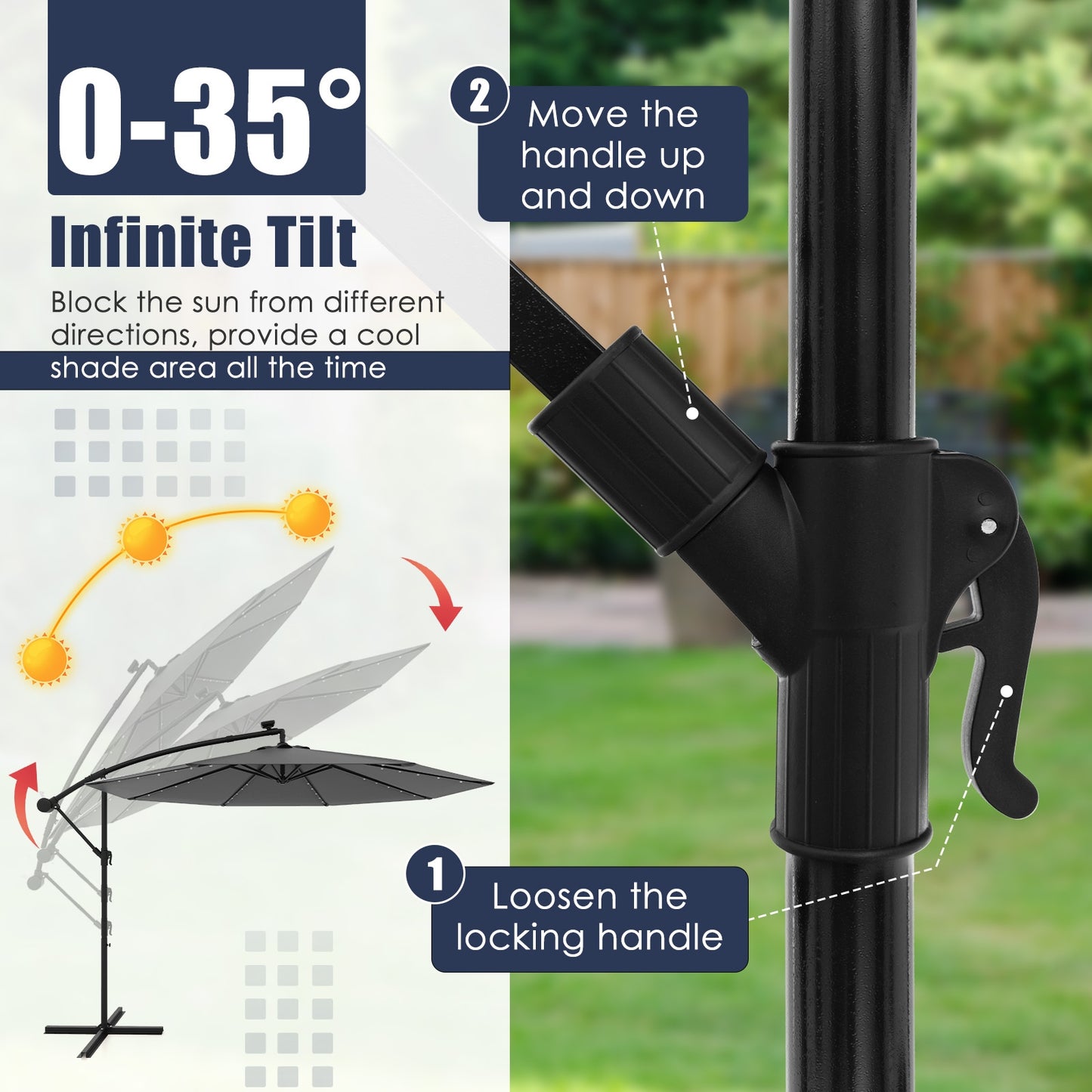 10 Feet Solar Offset Hanging Umbrella with 40 Lamp Beads and Solar Panel-Gray