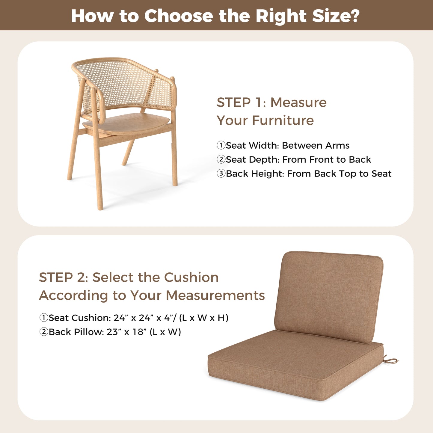 2-Pack Outdoor Patio Cushion Set with Removable Covers-Brown