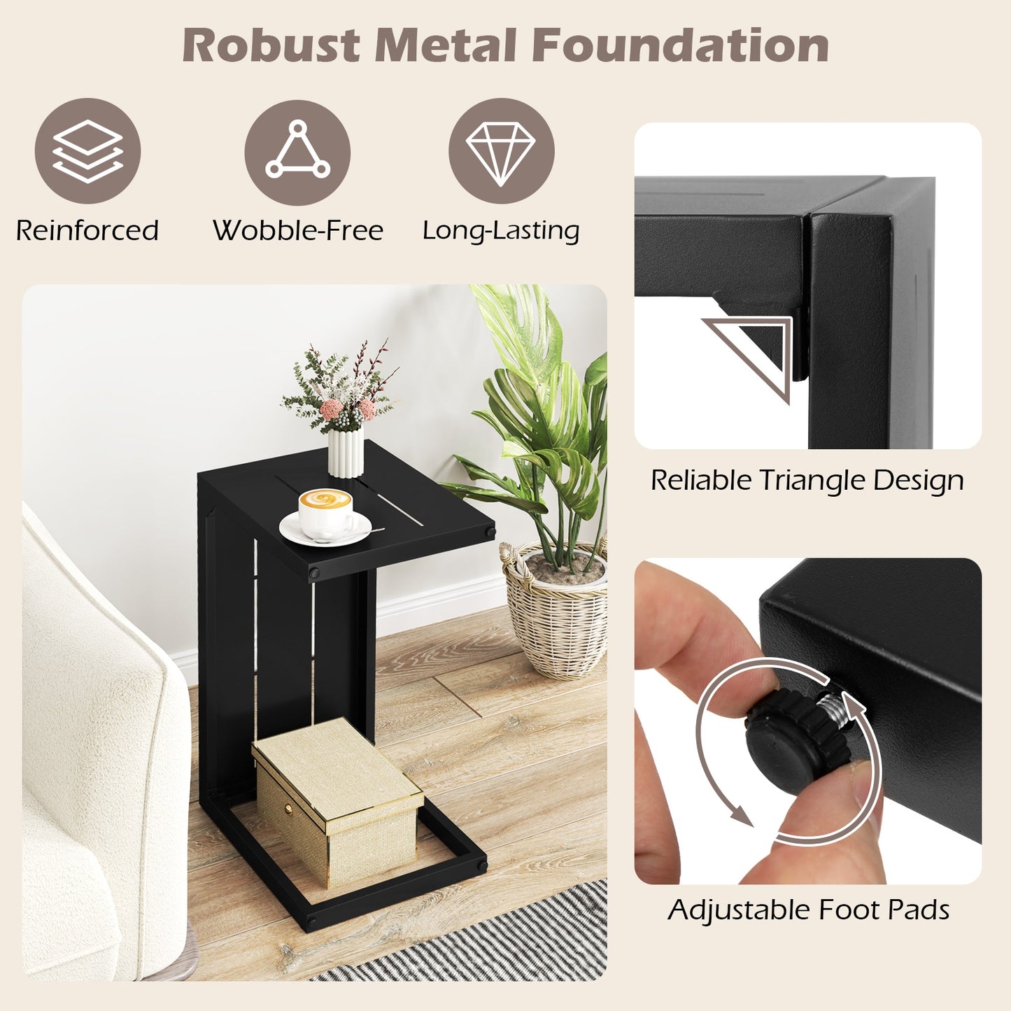 C-Shaped End Table Convertible Coffee Table with Adjustable Foot Pads-Black