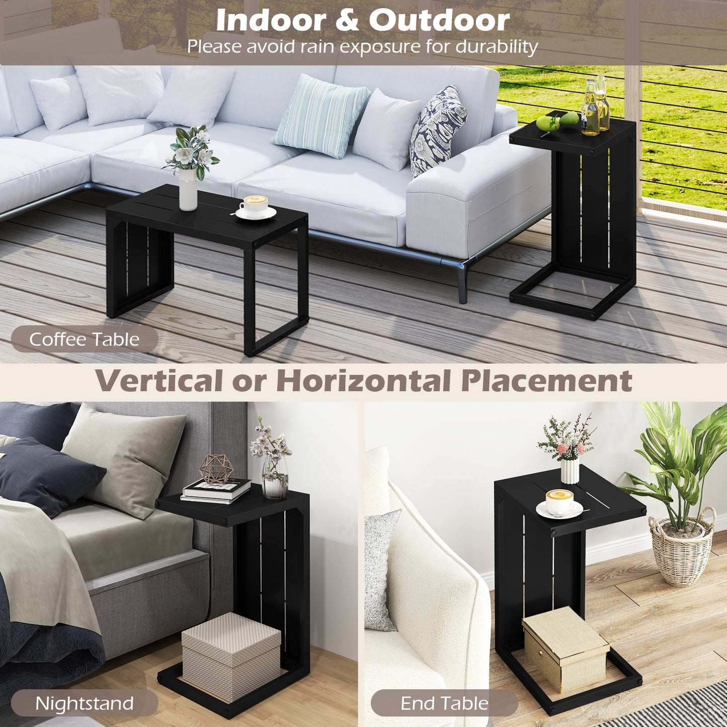 C-Shaped End Table Convertible Coffee Table with Adjustable Foot Pads-Black