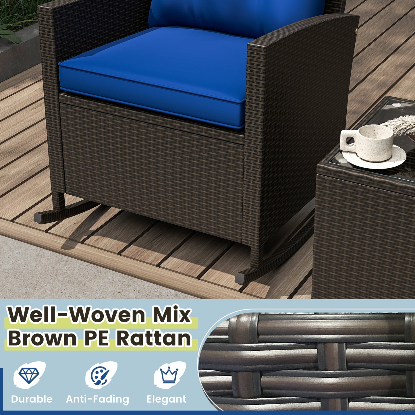 3-Piece Patio Rattan Roker Chairs with Tempered Glass Table and Soft Cushions-Navy