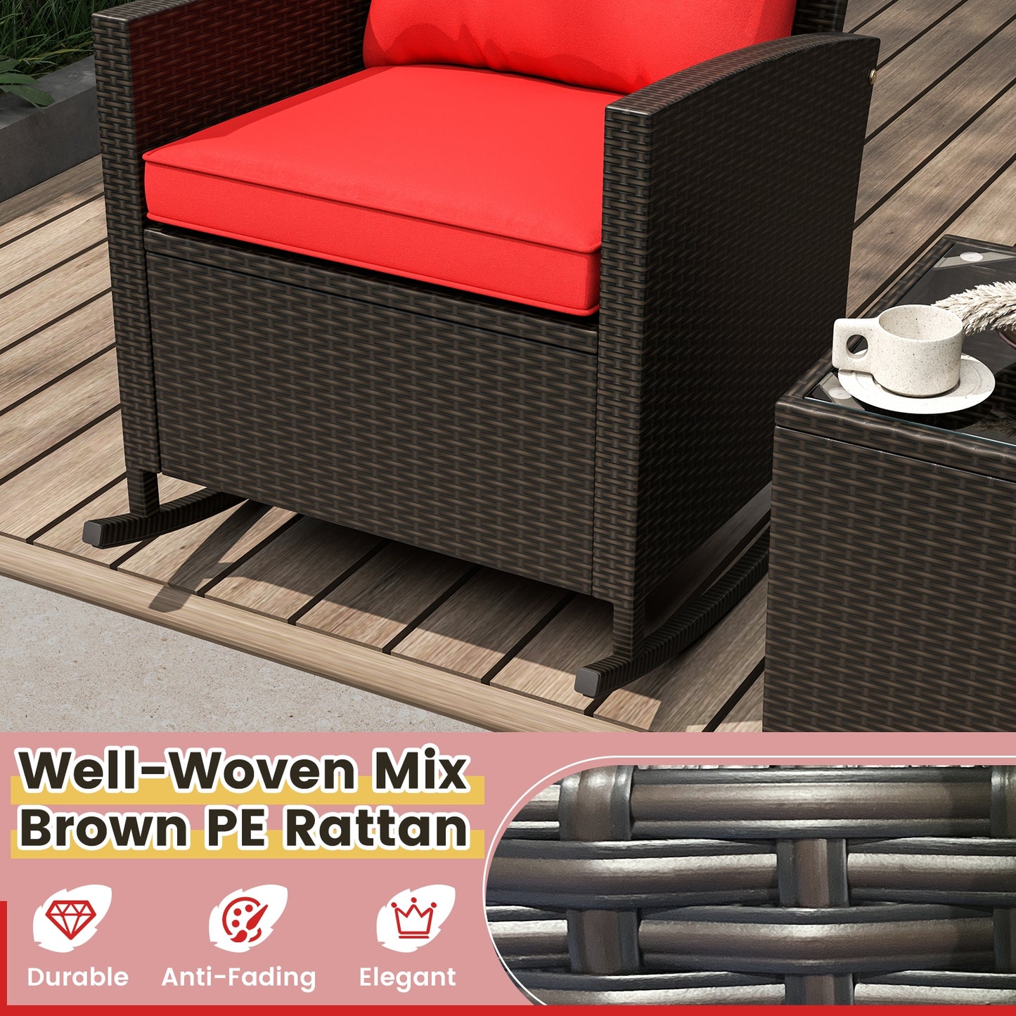 3-Piece Patio Rattan Roker Chairs with Tempered Glass Table and Soft Cushions-Red