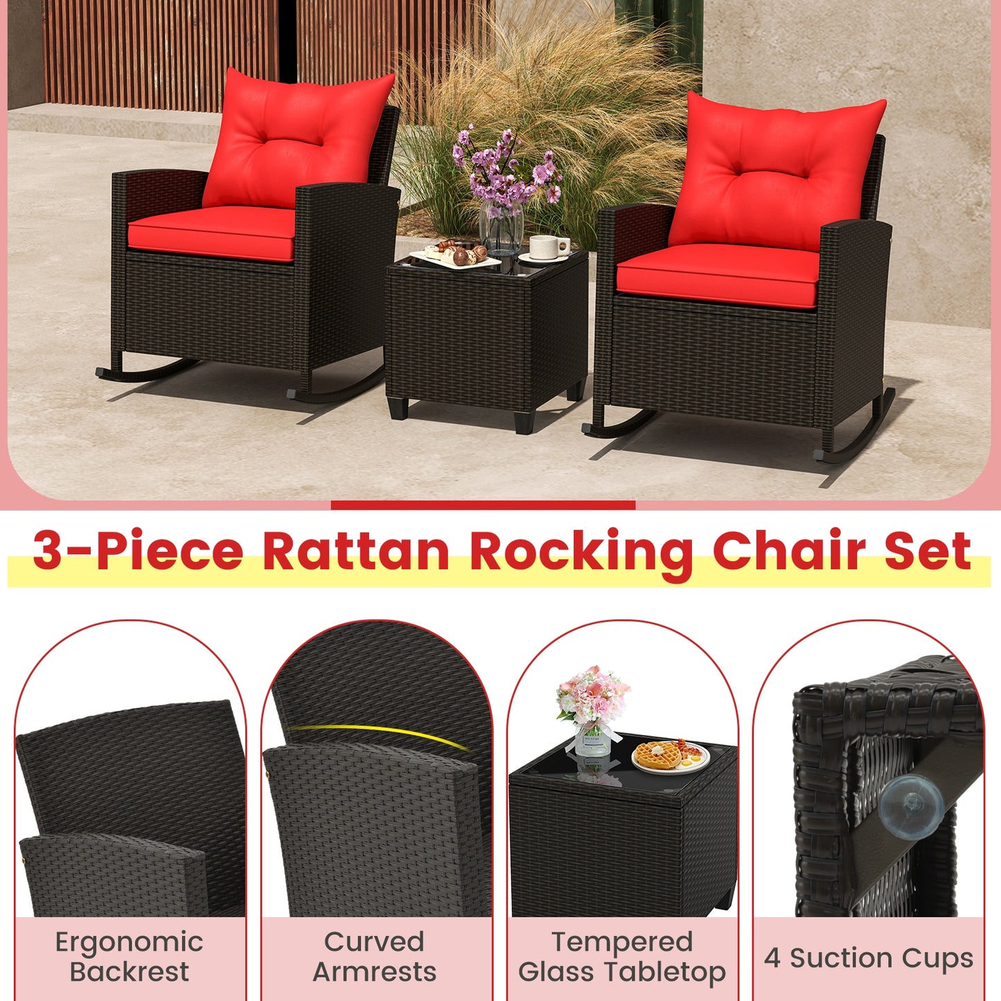 3-Piece Patio Rattan Roker Chairs with Tempered Glass Table and Soft Cushions-Red