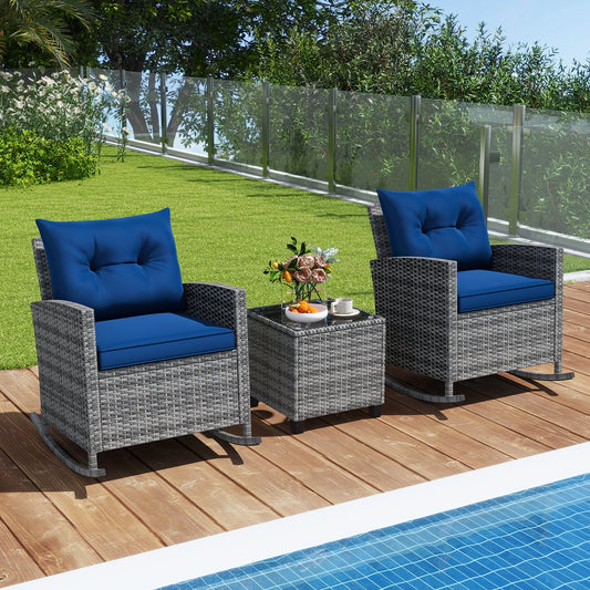 3-Piece Patio Rattan Roker Chairs with Tempered Glass Table and Soft Cushions-Dark Blue