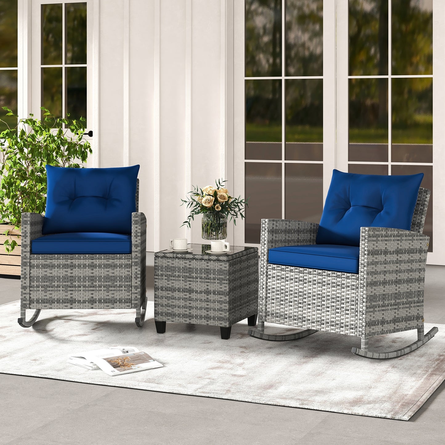 3-Piece Patio Rattan Roker Chairs with Tempered Glass Table and Soft Cushions-Dark Blue