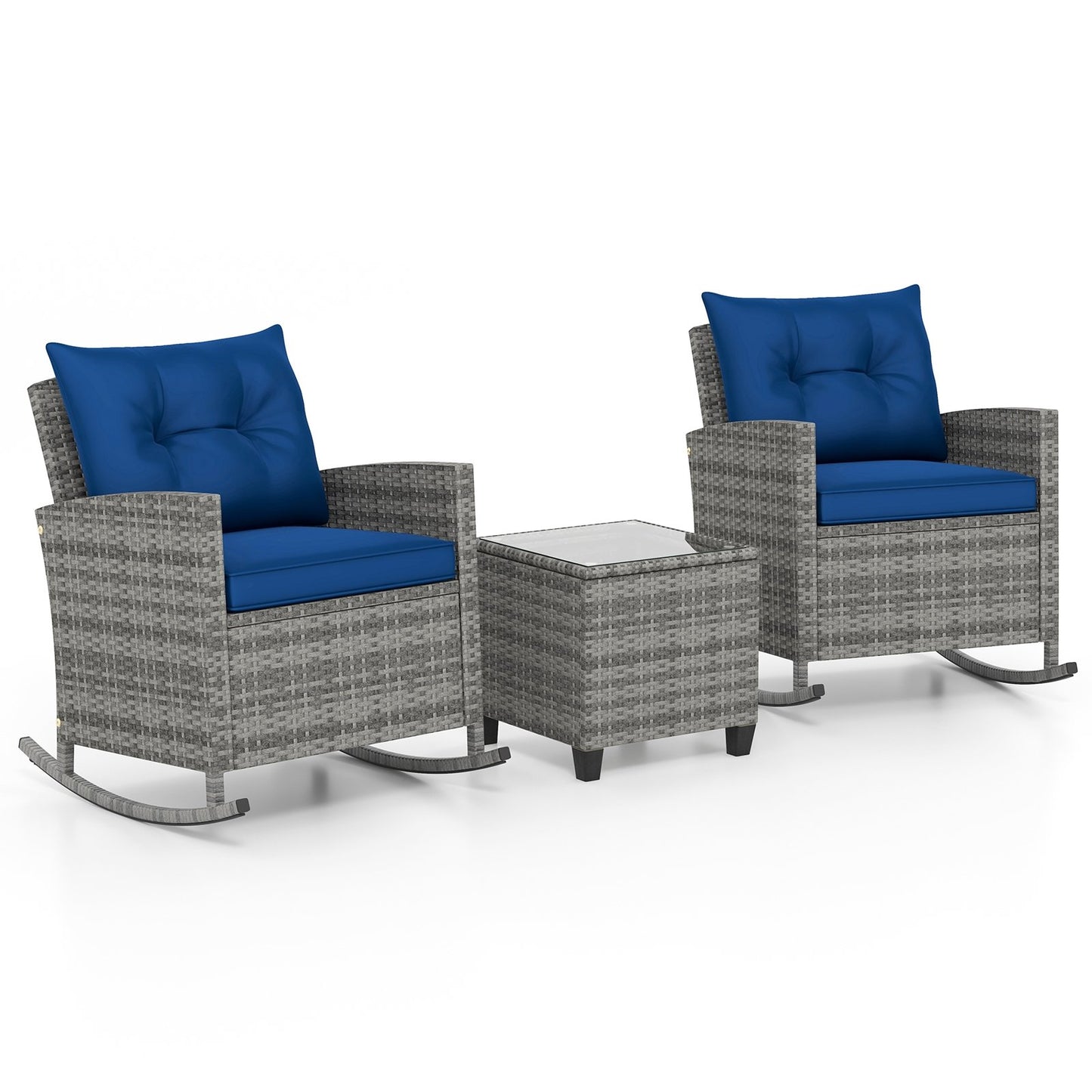 3-Piece Patio Rattan Roker Chairs with Tempered Glass Table and Soft Cushions-Dark Blue