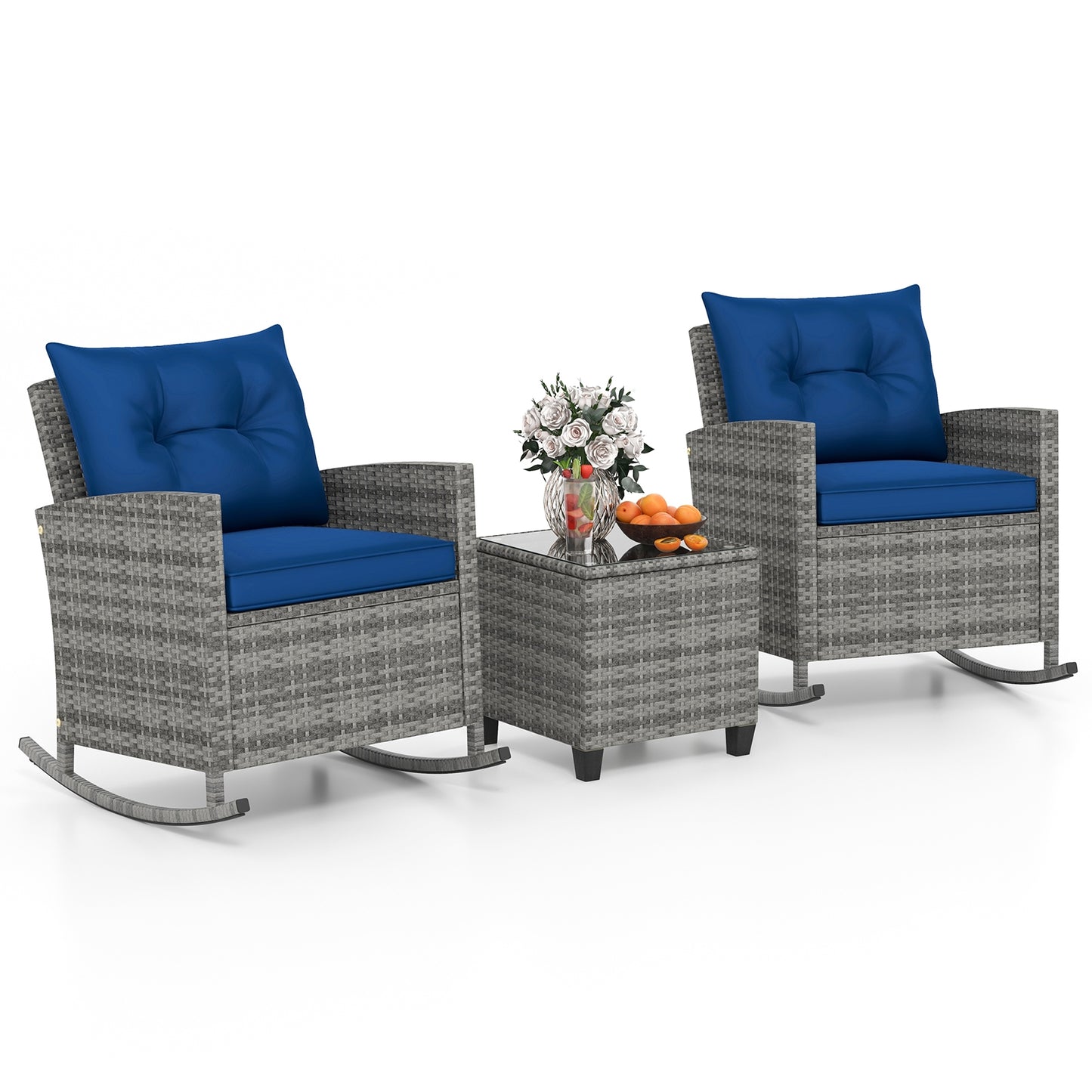 3-Piece Patio Rattan Roker Chairs with Tempered Glass Table and Soft Cushions-Dark Blue