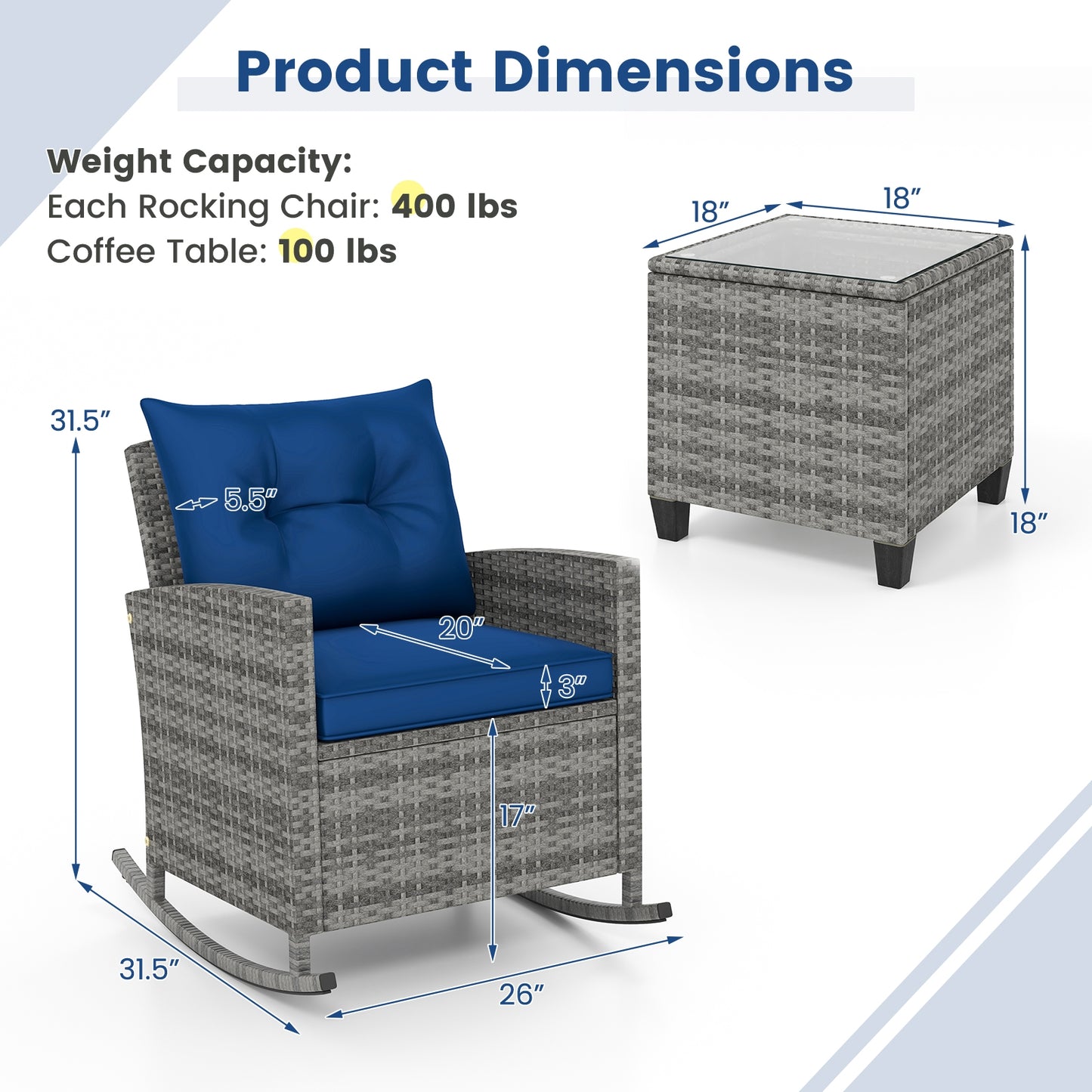 3-Piece Patio Rattan Roker Chairs with Tempered Glass Table and Soft Cushions-Dark Blue