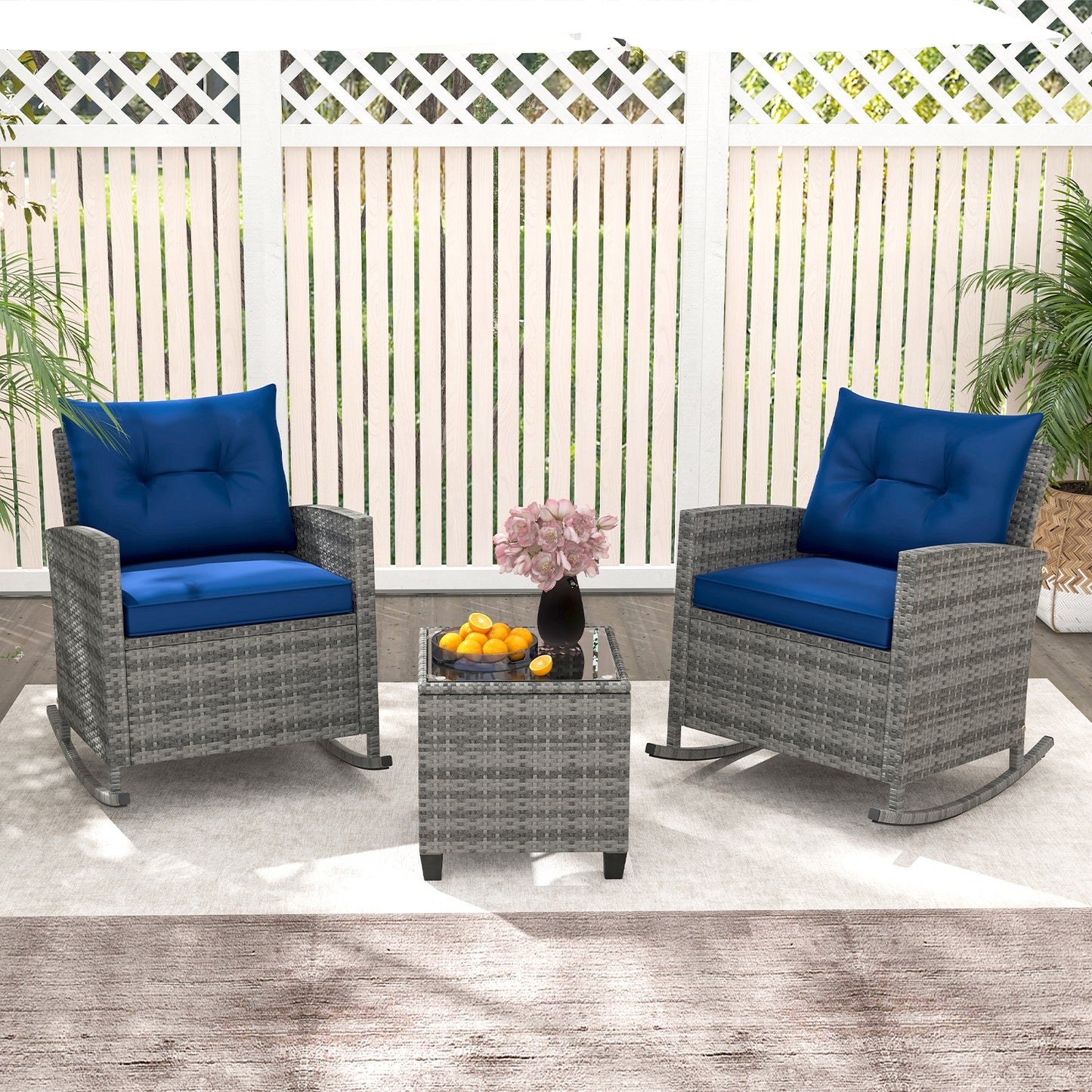 3-Piece Patio Rattan Roker Chairs with Tempered Glass Table and Soft Cushions-Dark Blue