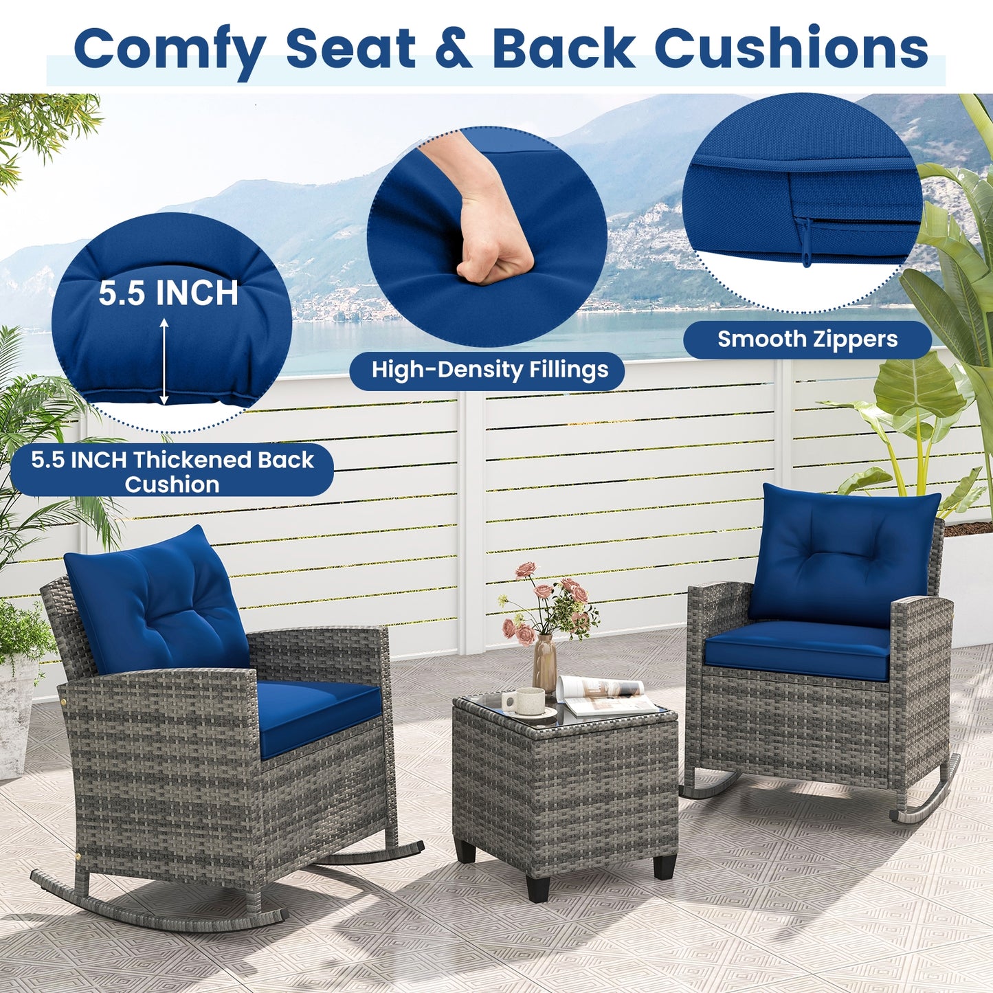 3-Piece Patio Rattan Roker Chairs with Tempered Glass Table and Soft Cushions-Dark Blue