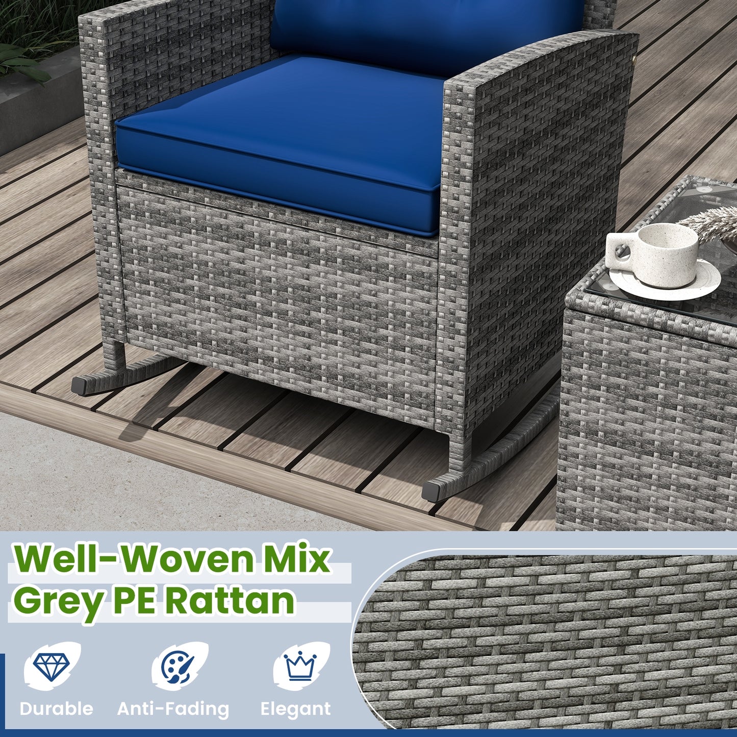 3-Piece Patio Rattan Roker Chairs with Tempered Glass Table and Soft Cushions-Dark Blue