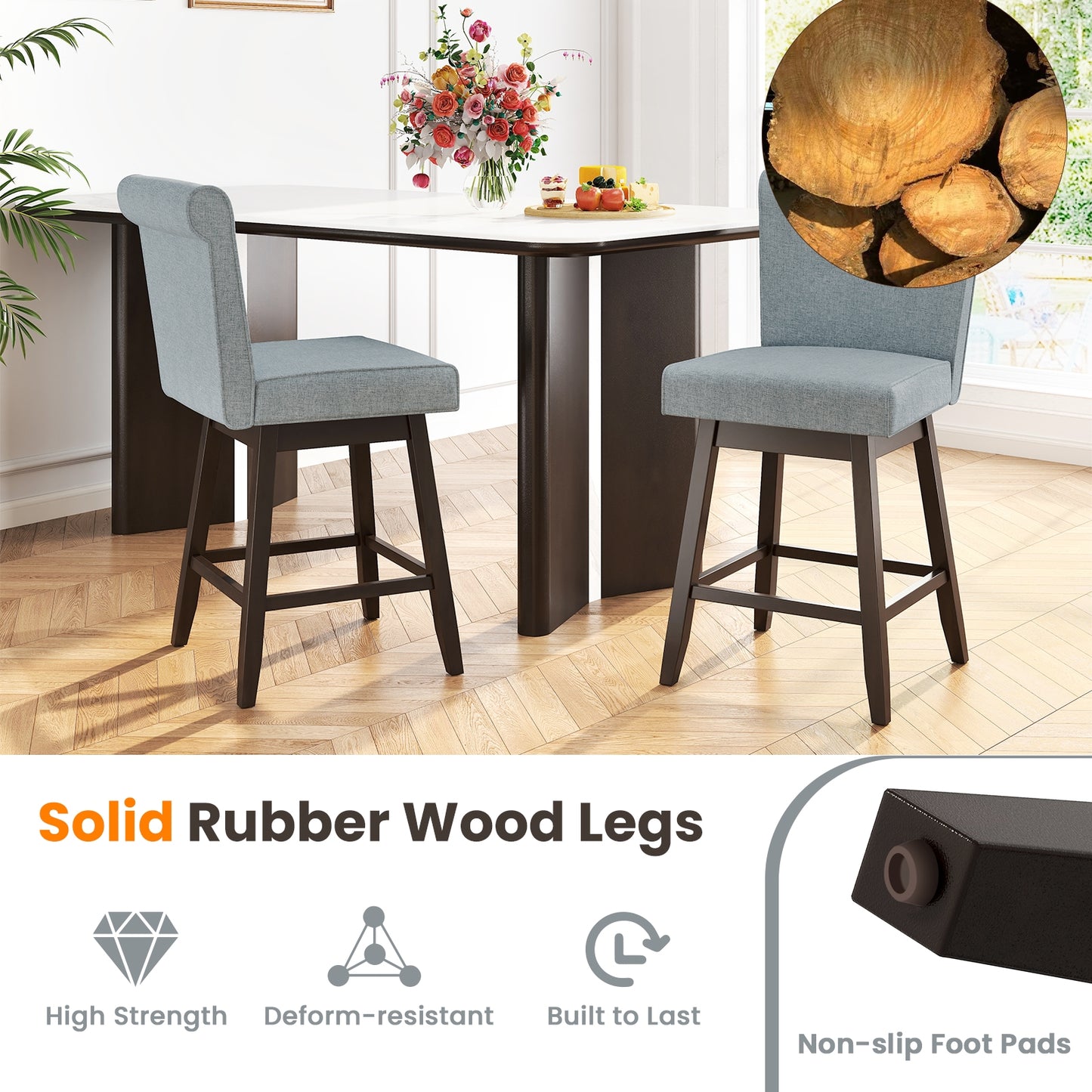 27 Inch Counter Height Bar Chairs with Rubber Wood Legs Set of 2-Gray