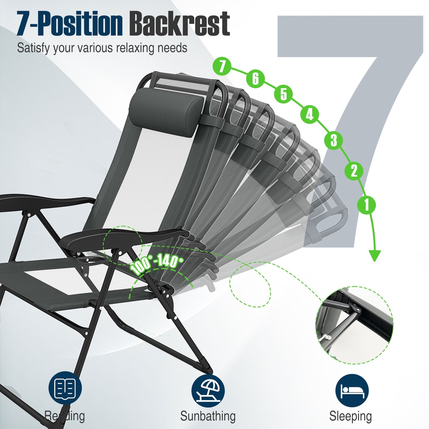 Outdoor Folding Chairs Set of 2 with Armrests and 7-Level Backrest-Gray