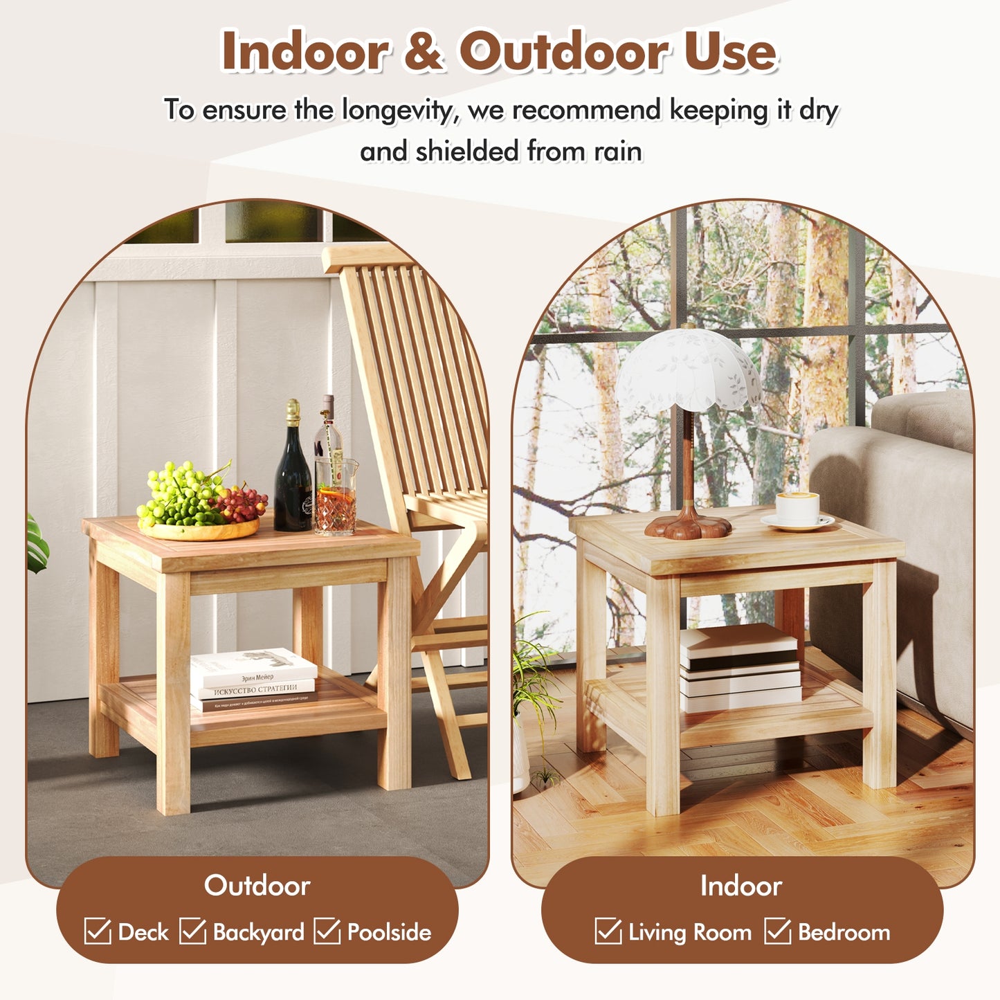 Teak Wood Square Side Table with Open Shelf for Small Space