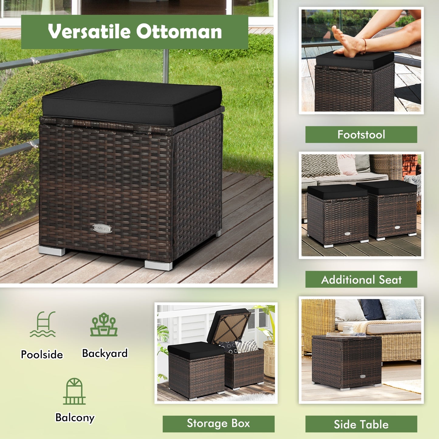 2 Pieces Patio Ottoman with Hidden Storage Space-Black