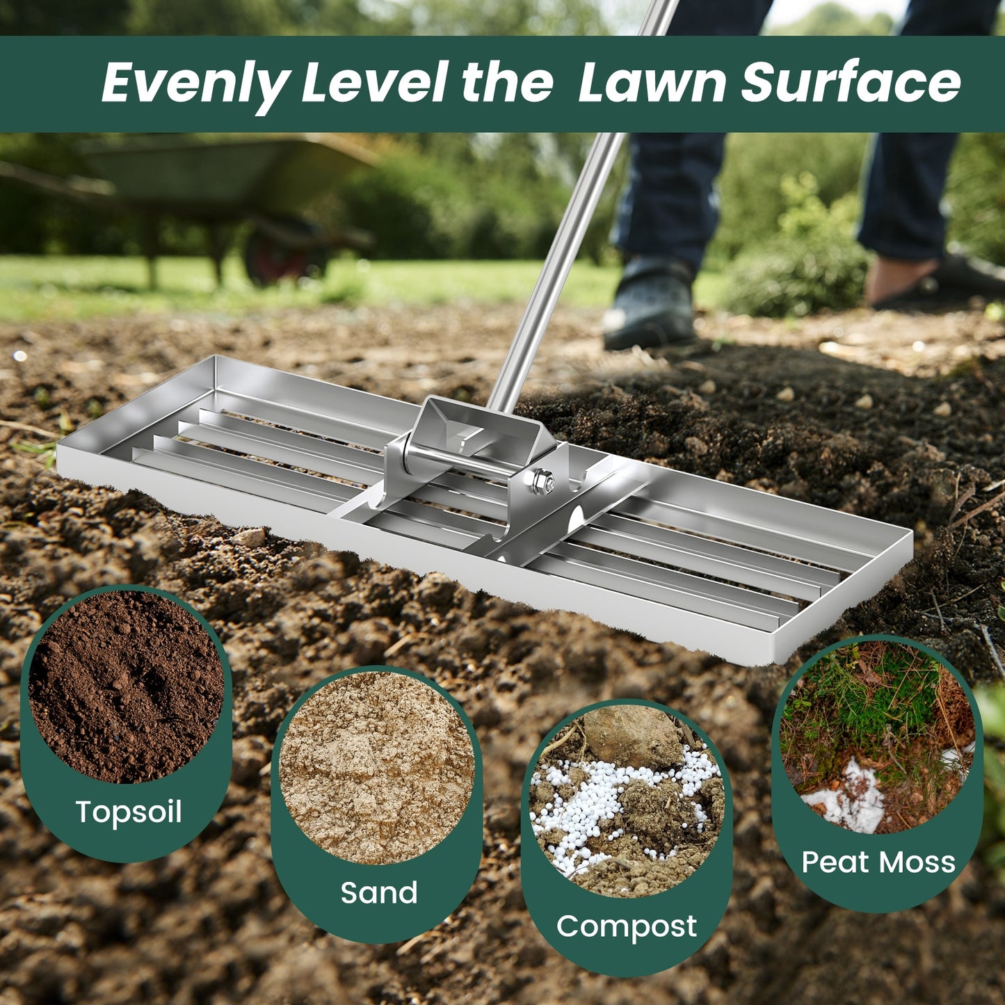 30 x 10 Inch Lawn Leveling Rake with Ergonomic Handle-Silver