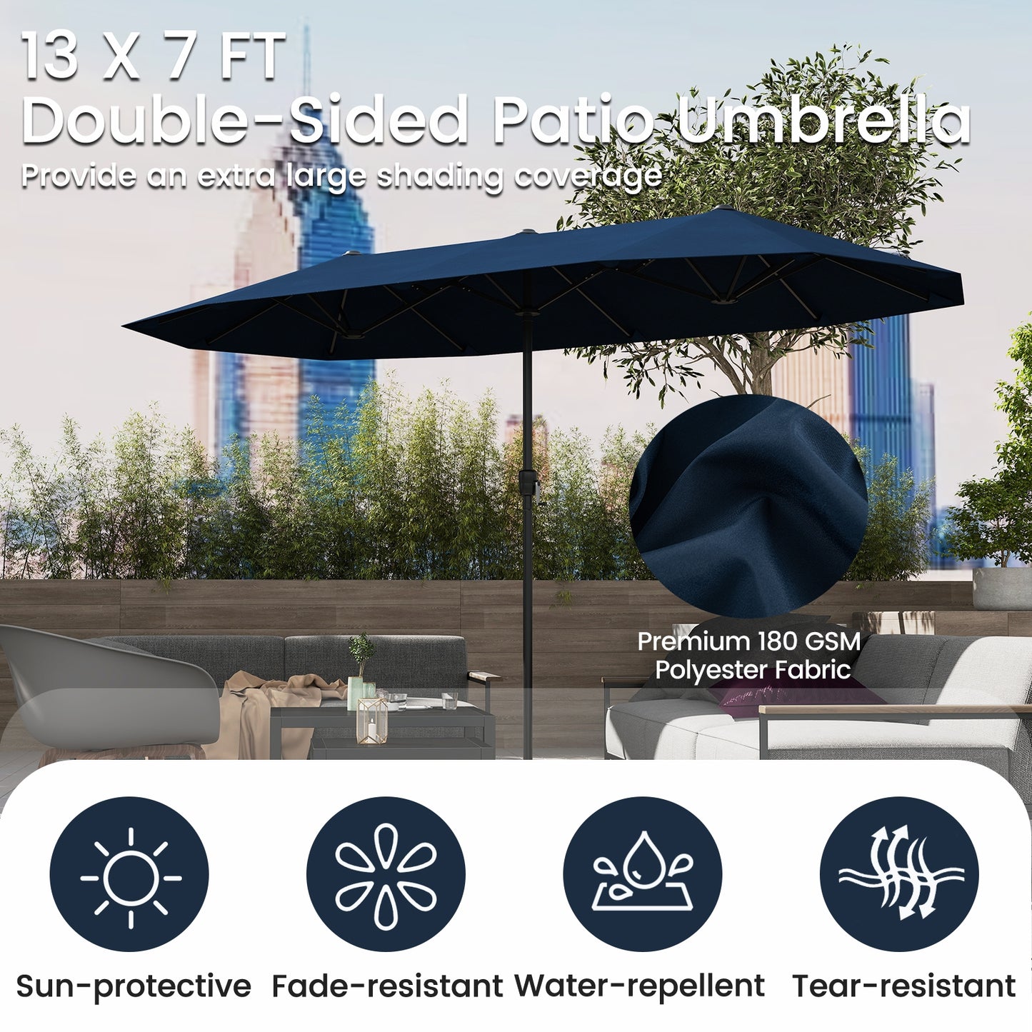 13 FT Large Patio Umbrella Outdoor Double-Sided Table Market Umbrella with Crank Handle-Navy