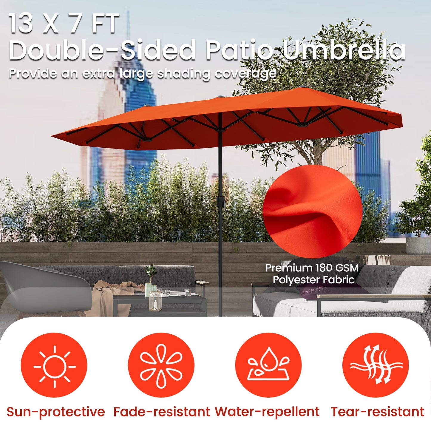 13 FT Large Patio Umbrella Outdoor Double-Sided Table Market Umbrella with Crank Handle-Orange
