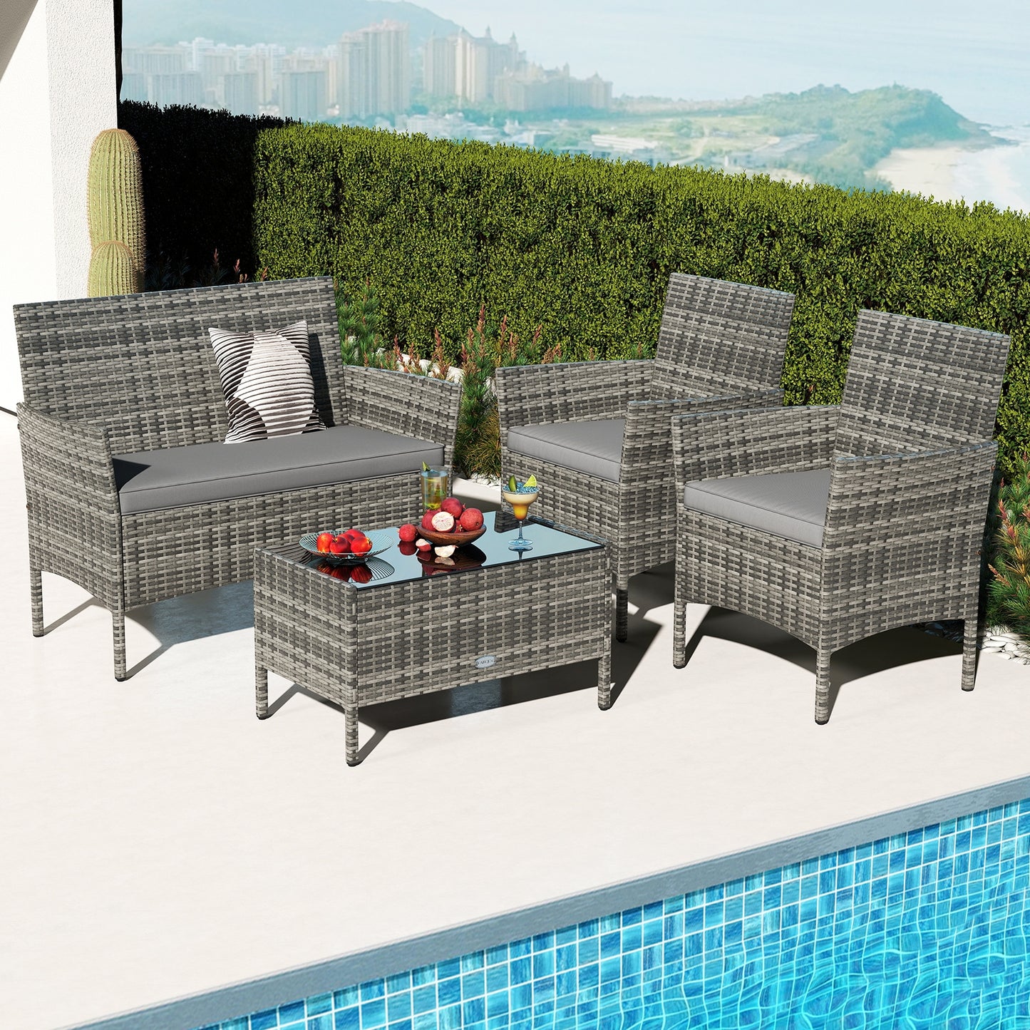 4 Piece Patio Rattan Conversation Set with Cozy Seat Cushions-Light Gray