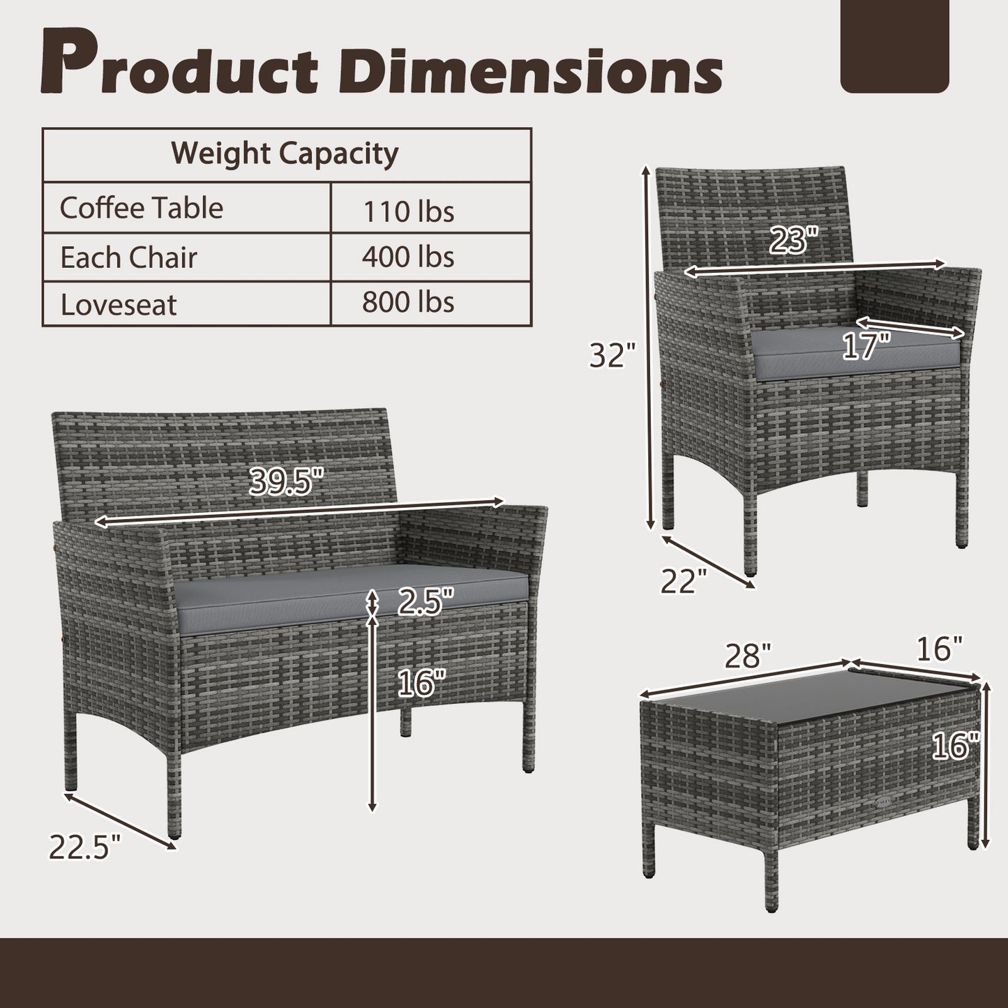 4 Piece Patio Rattan Conversation Set with Cozy Seat Cushions-Light Gray