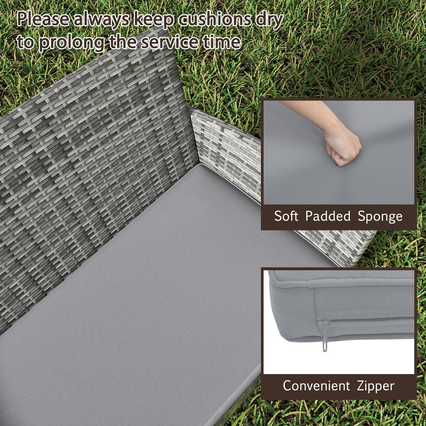 4 Piece Patio Rattan Conversation Set with Cozy Seat Cushions-Light Gray