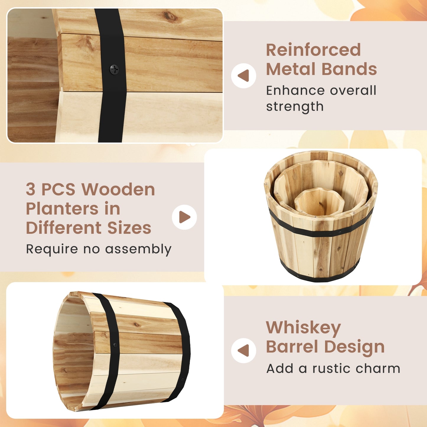 Outdoor Wooden Planter Box with Drainage Holes Set of 3