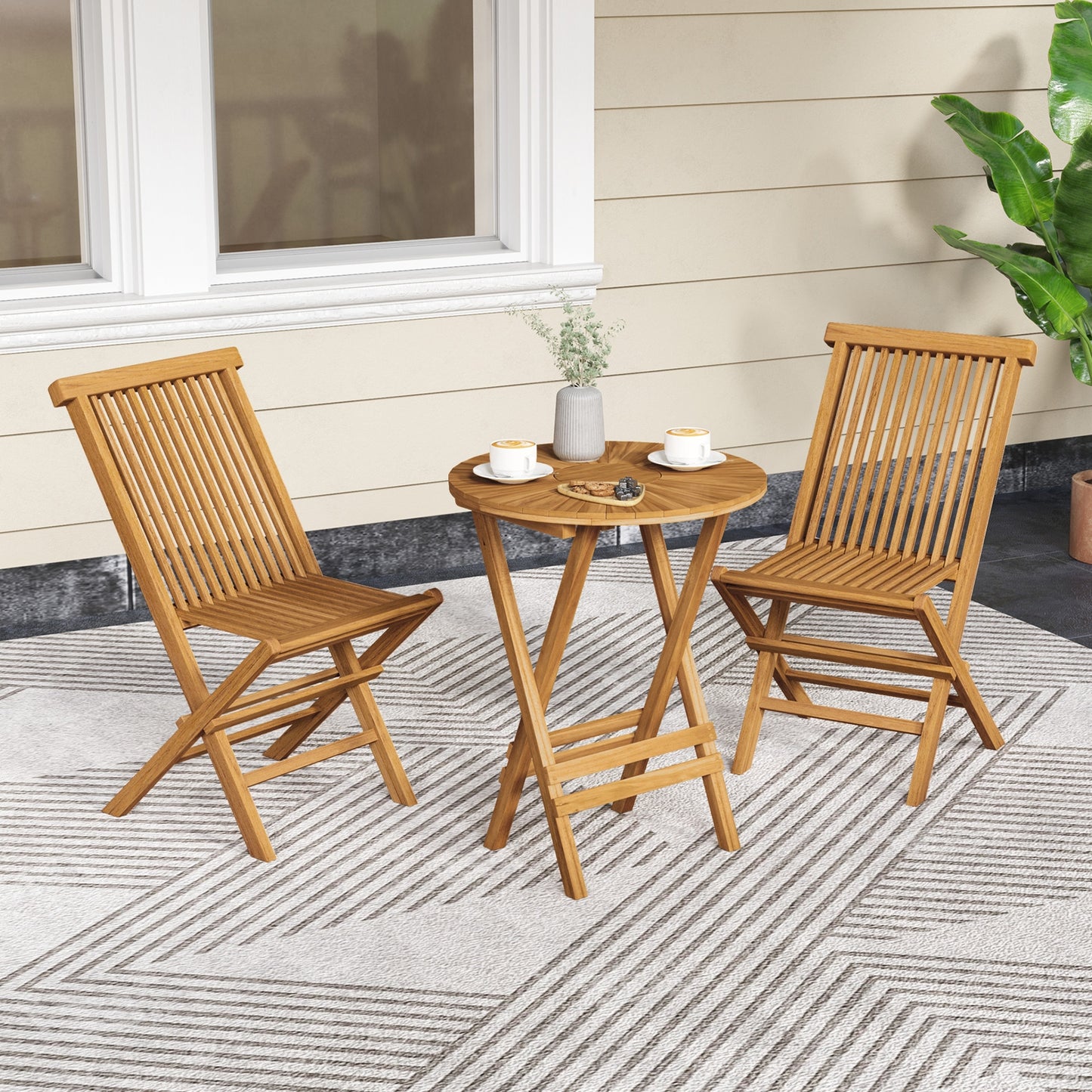 Outdoor Teak Wood Chairs Set of 2 with Slatted Seat and Backrest