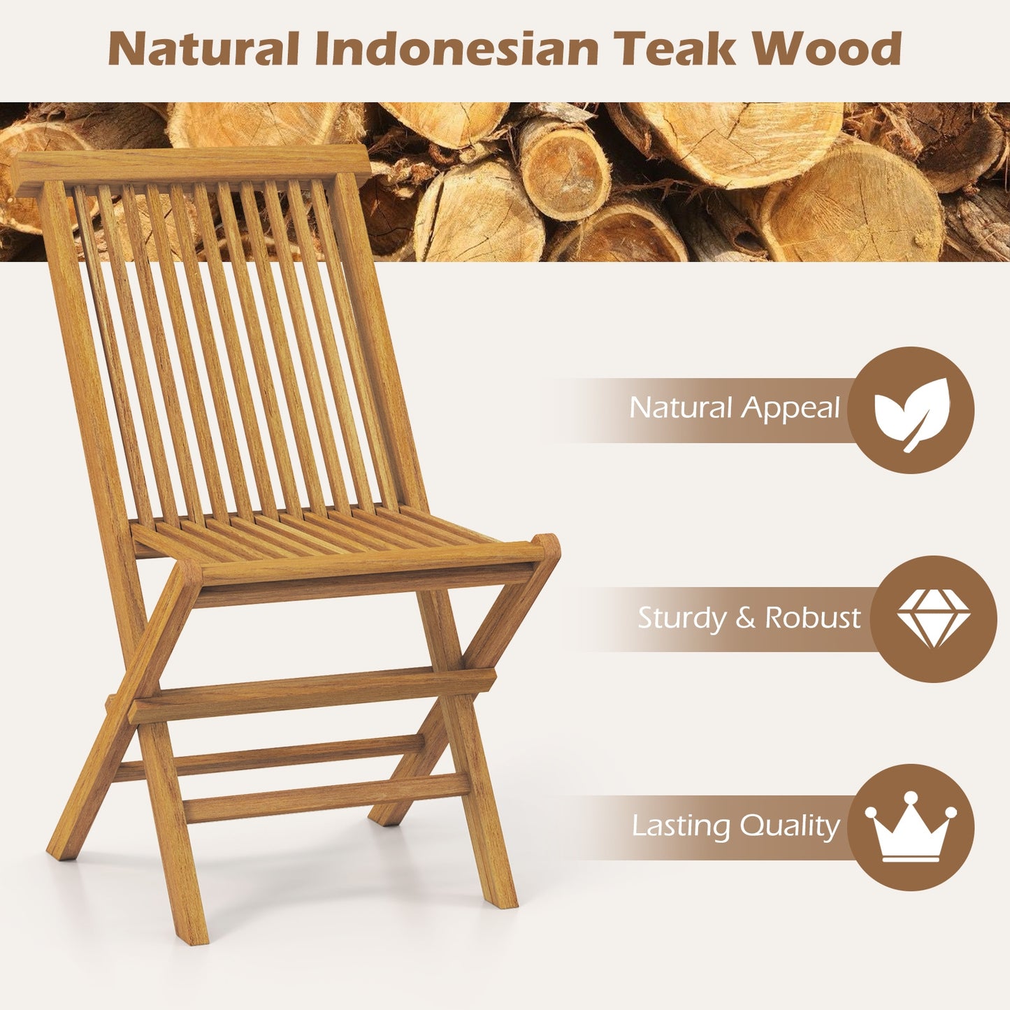 Outdoor Teak Wood Chairs Set of 2 with Slatted Seat and Backrest