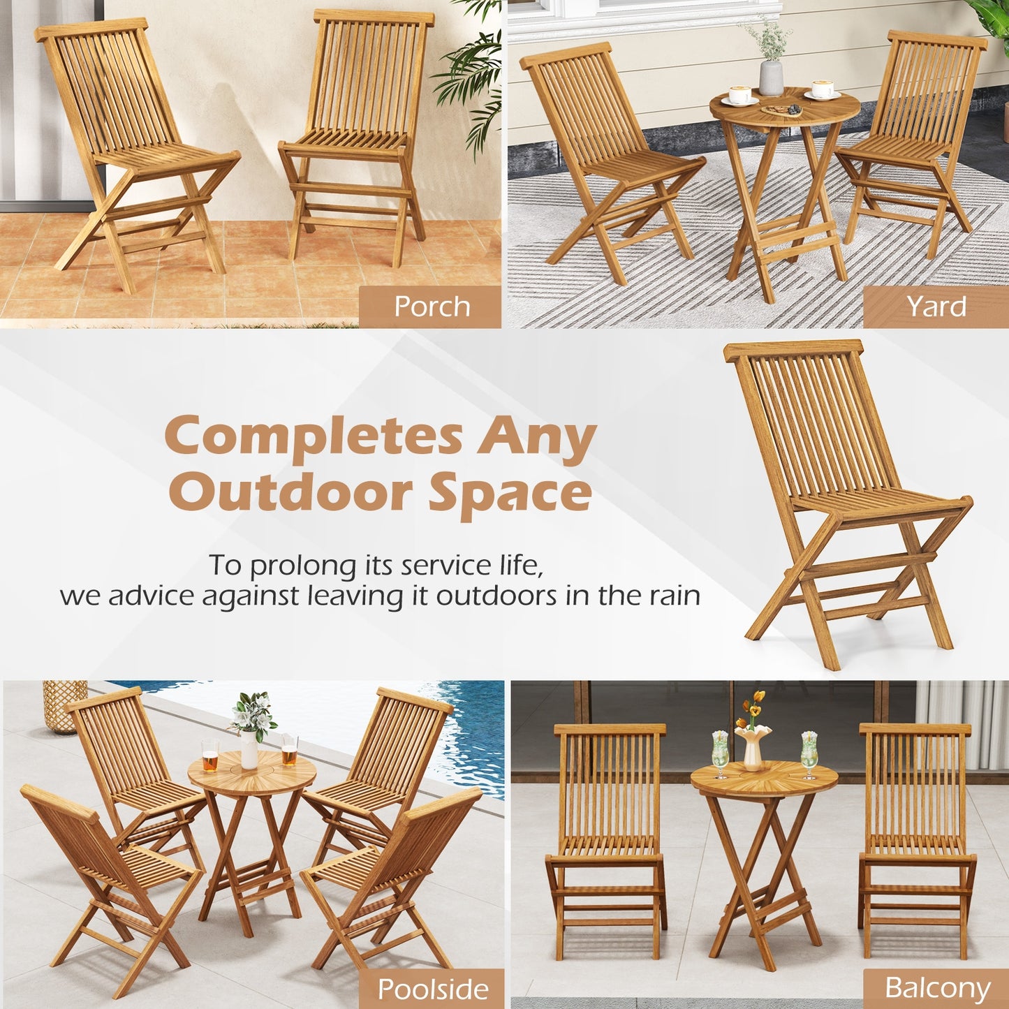 Outdoor Teak Wood Chairs Set of 2 with Slatted Seat and Backrest