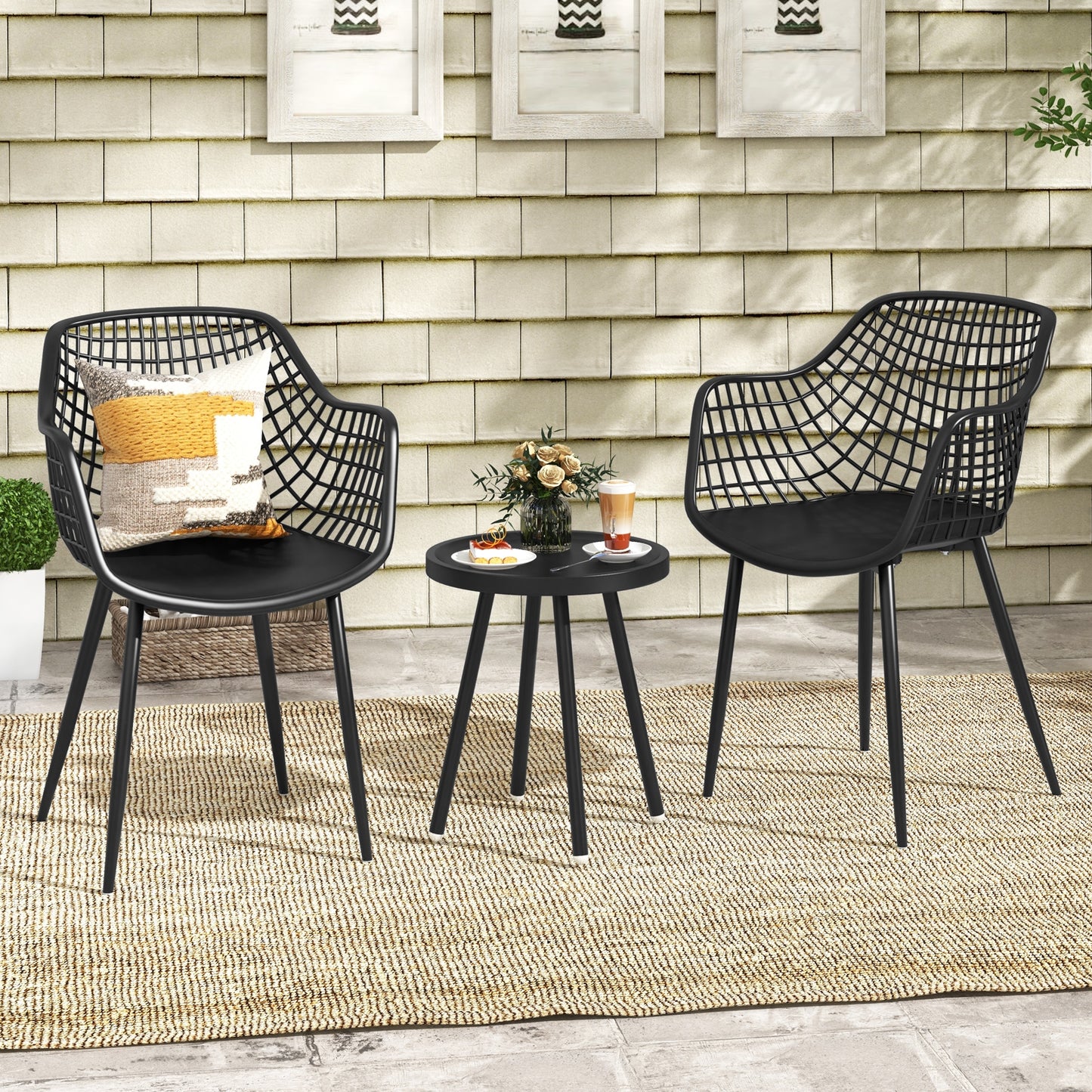 3 Piece Patio Chair Set with PP Seat and Tabletop for Porch-Black