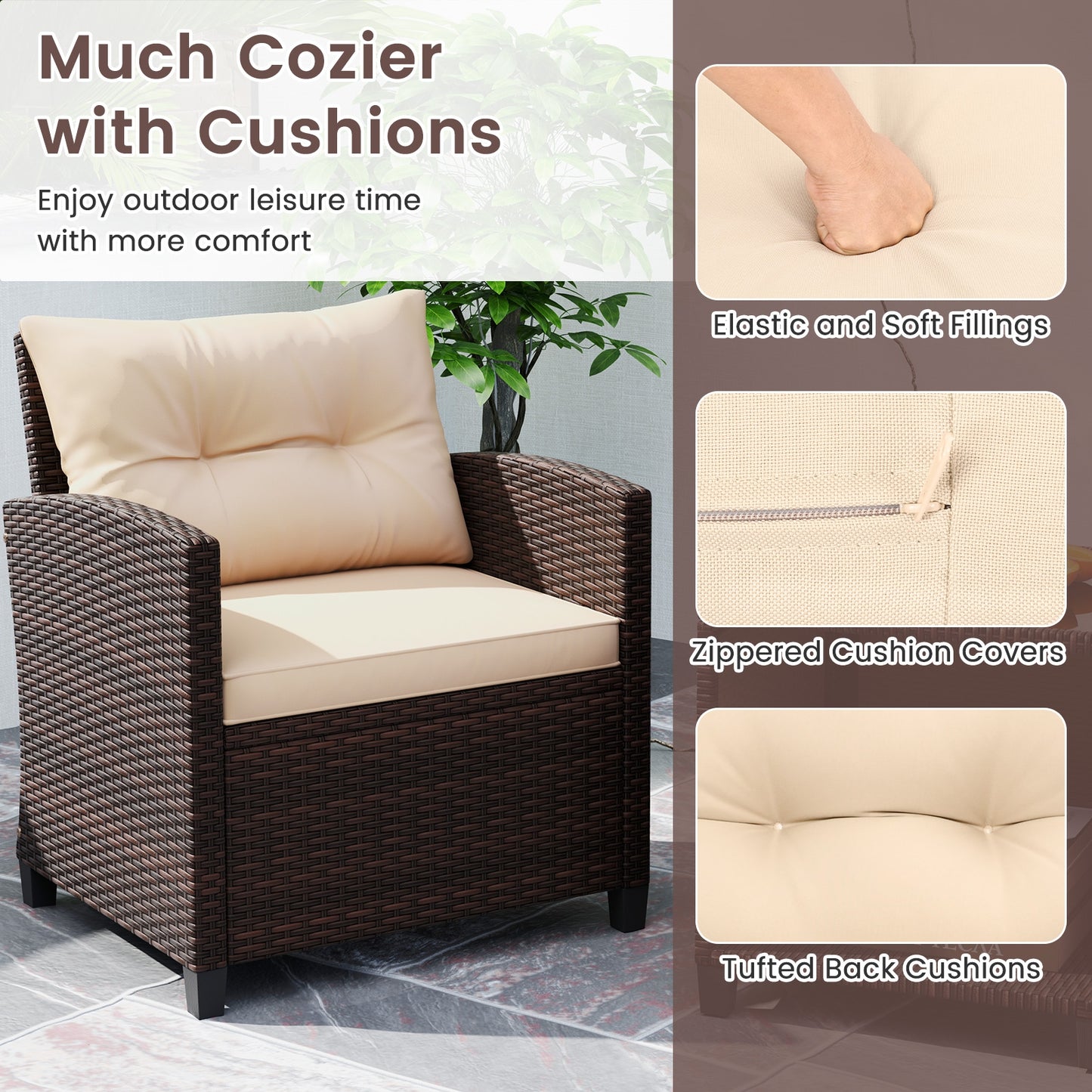 3 Piece Patio Sofa Set Wicker Chairs and Coffee Table with Storage-Beige