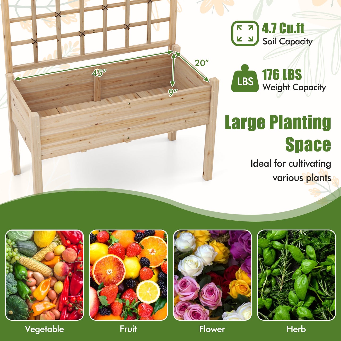 Raised Garden Bed with Lattice Trellis and Drainage Holes Elevated-Natural