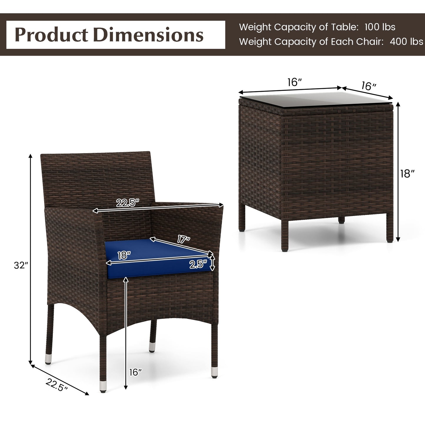 3 Pieces Outdoor Conversation Set with Cushioned Seat and Glass Tabletop-Navy