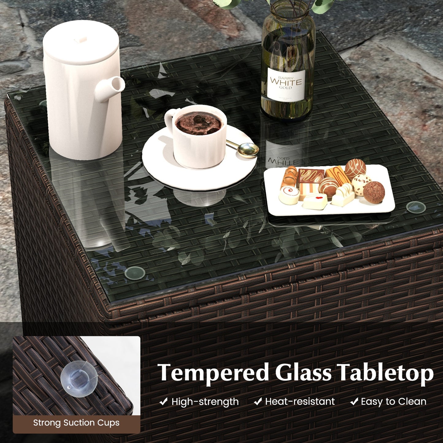 3 Pieces Outdoor Conversation Set with Cushioned Seat and Glass Tabletop-Navy