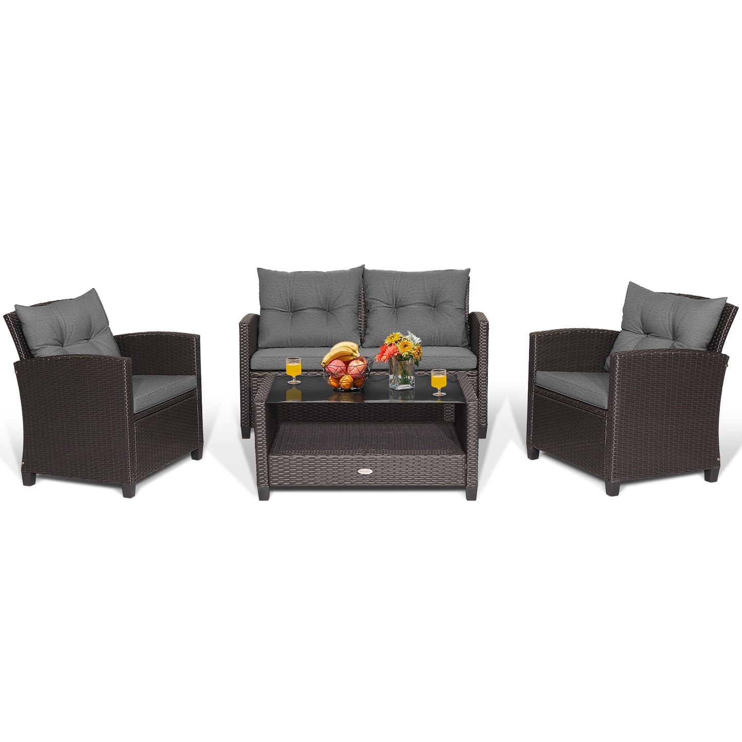 4 Pieces Patio Rattan Conversation Furniture Set with Glass Top Coffee Table-Gray