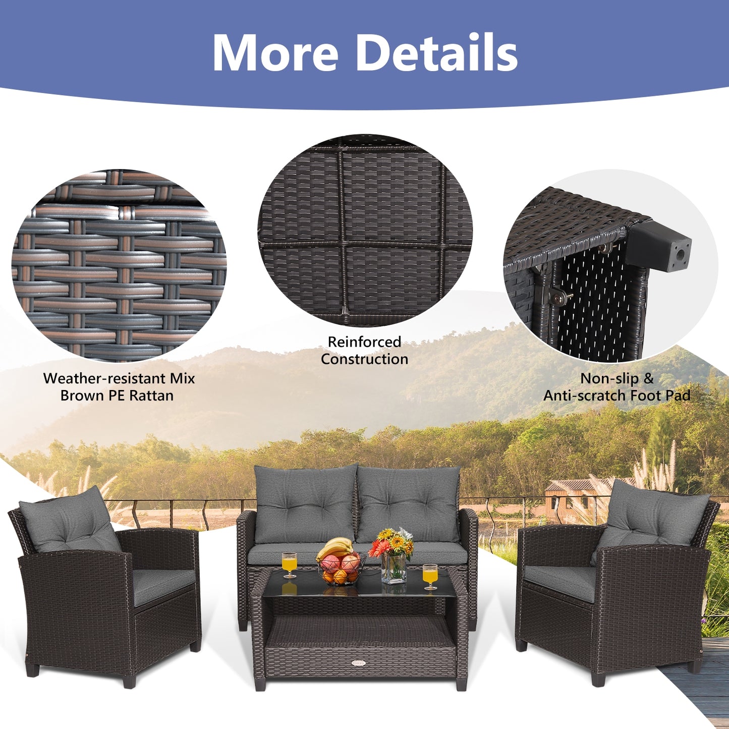 4 Pieces Patio Rattan Conversation Furniture Set with Glass Top Coffee Table-Gray