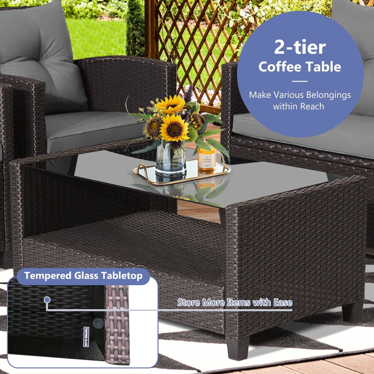 4 Pieces Patio Rattan Conversation Furniture Set with Glass Top Coffee Table-Gray