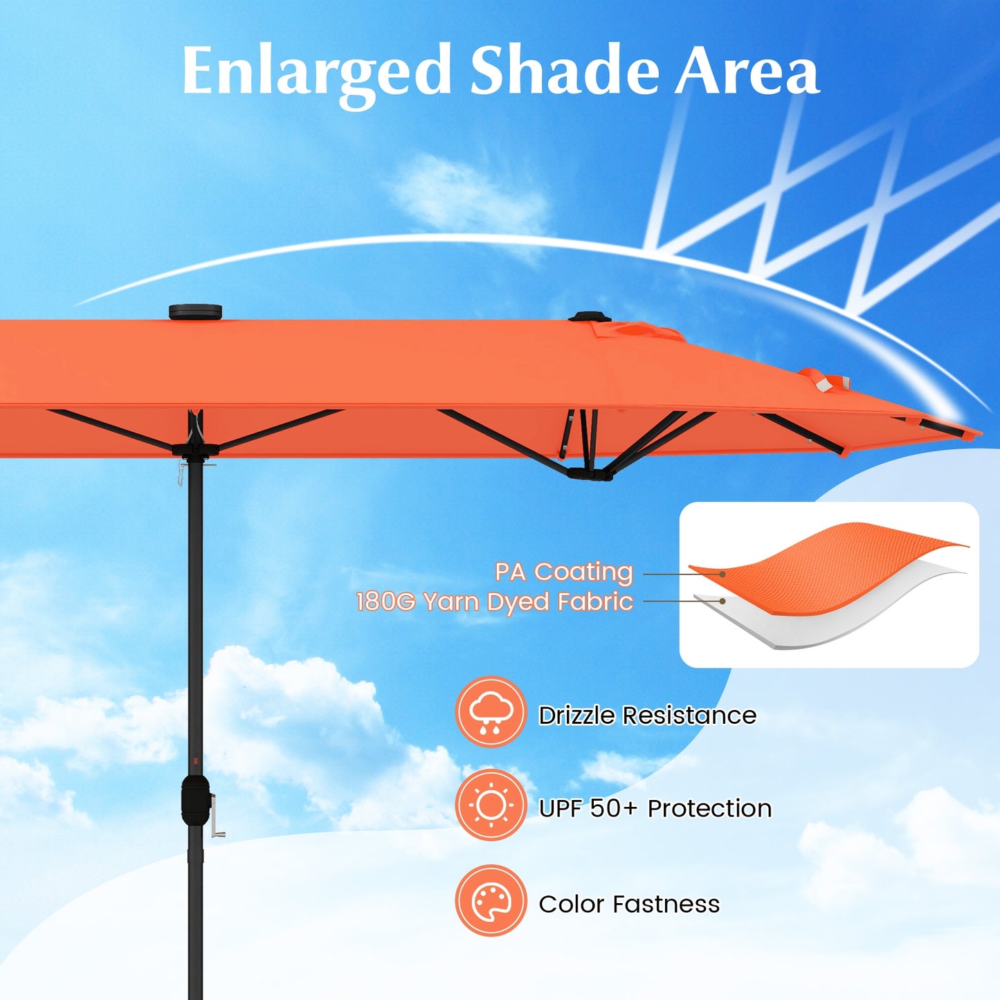 13FT Double-sided Patio Umbrella with Solar Lights for Garden Pool Backyard-Orange