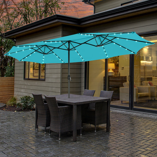 15 Feet Twin Patio Umbrella with 48 Solar LED Lights-Turquoise