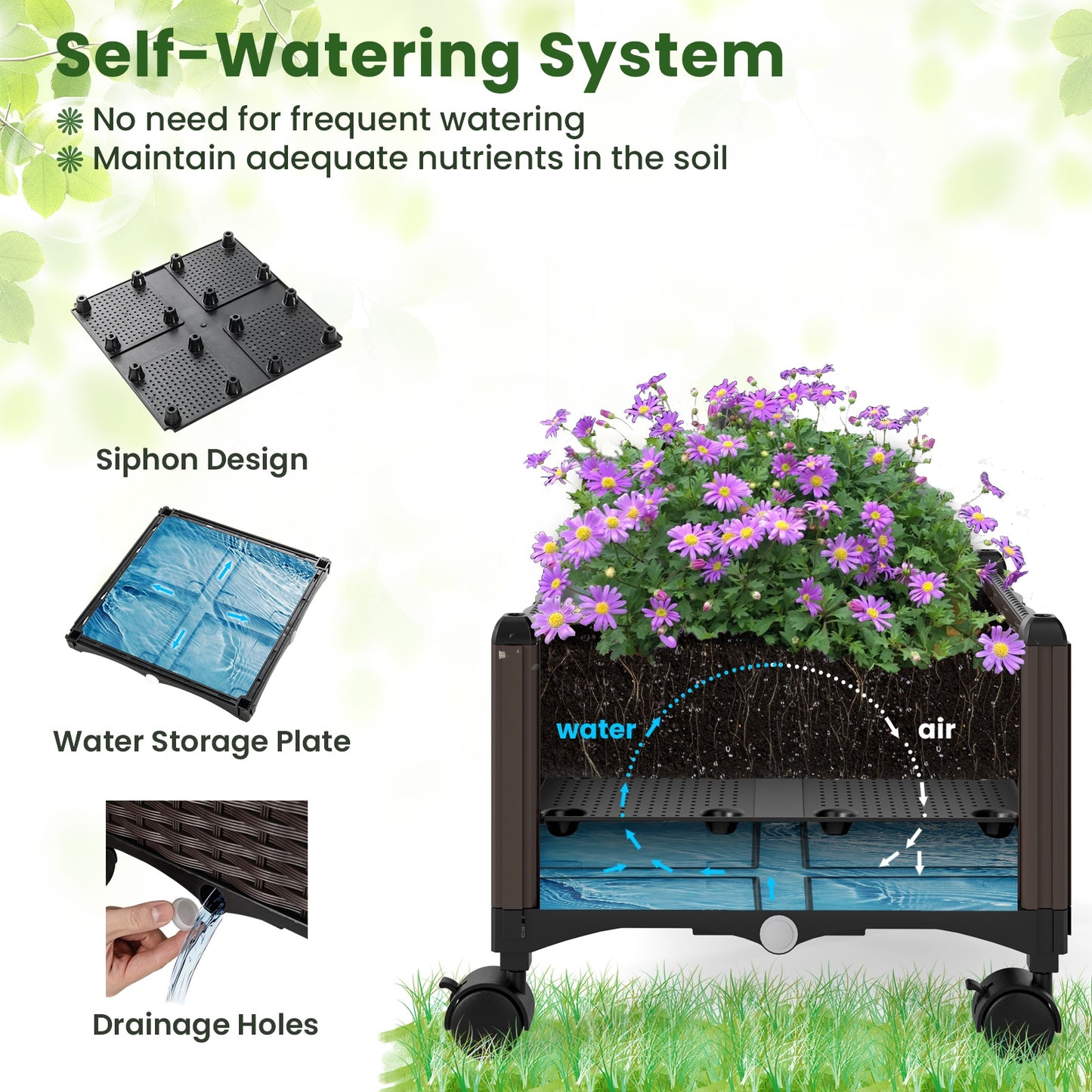 Raised Garden Bed Adjustable with Plant Box and Trellis with Lockable Wheels