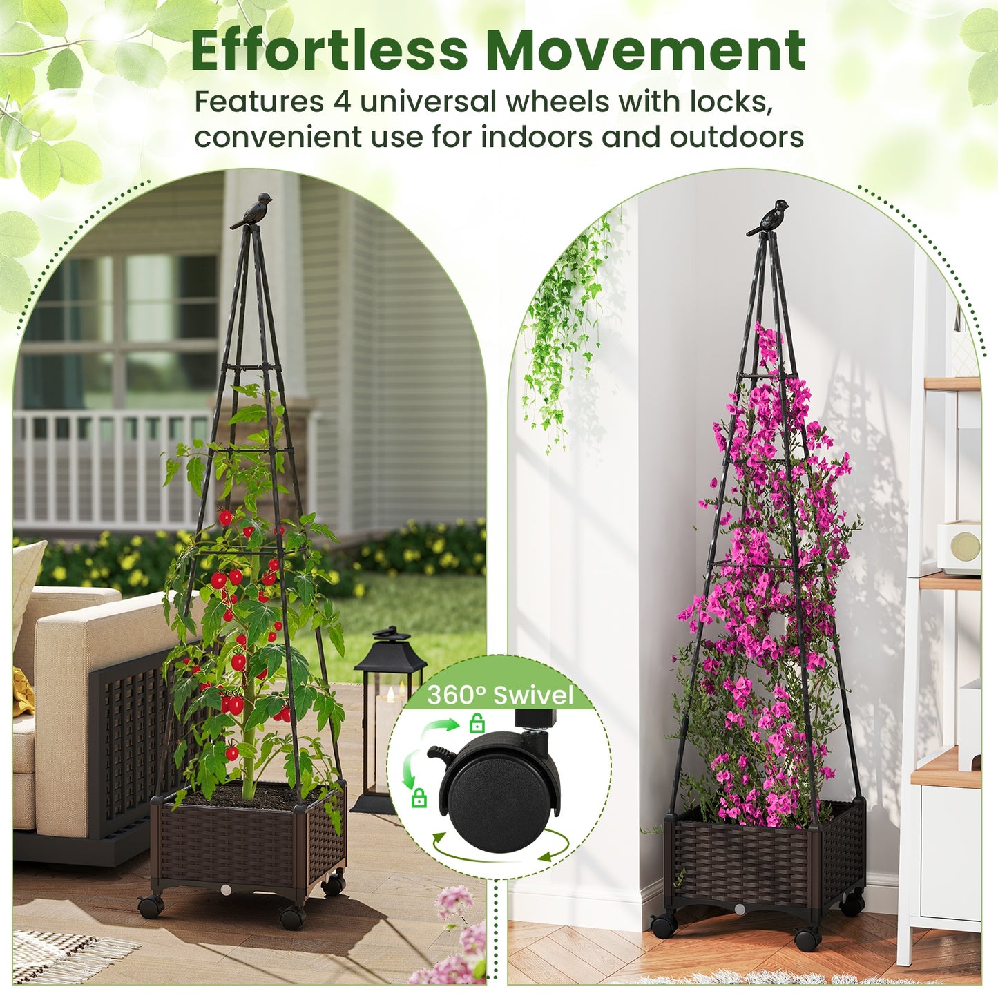 Raised Garden Bed Adjustable with Plant Box and Trellis with Lockable Wheels