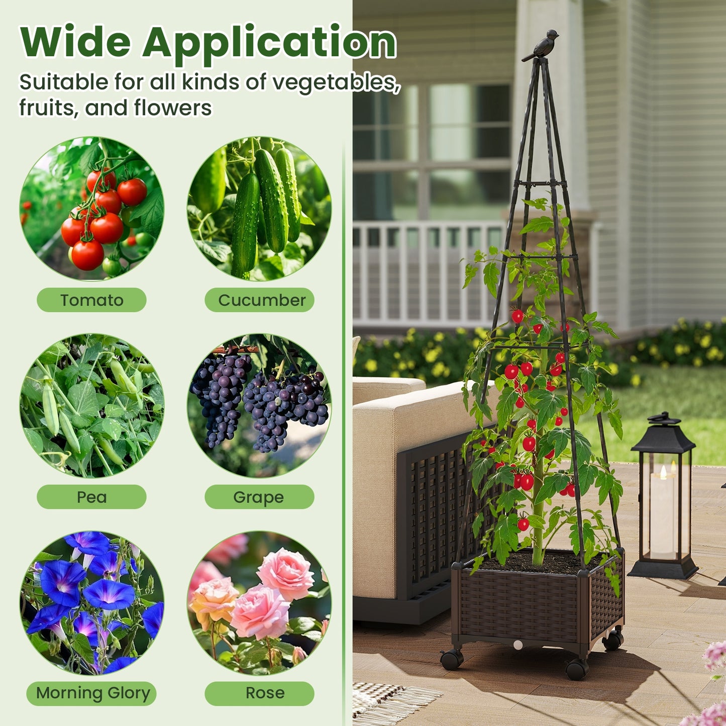 Raised Garden Bed Adjustable with Plant Box and Trellis with Lockable Wheels