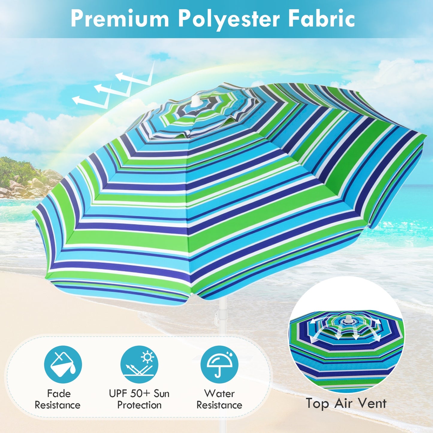 7.2 Feet Portable Outdoor Beach Umbrella with Sand Anchor and Tilt Mechanism-Green