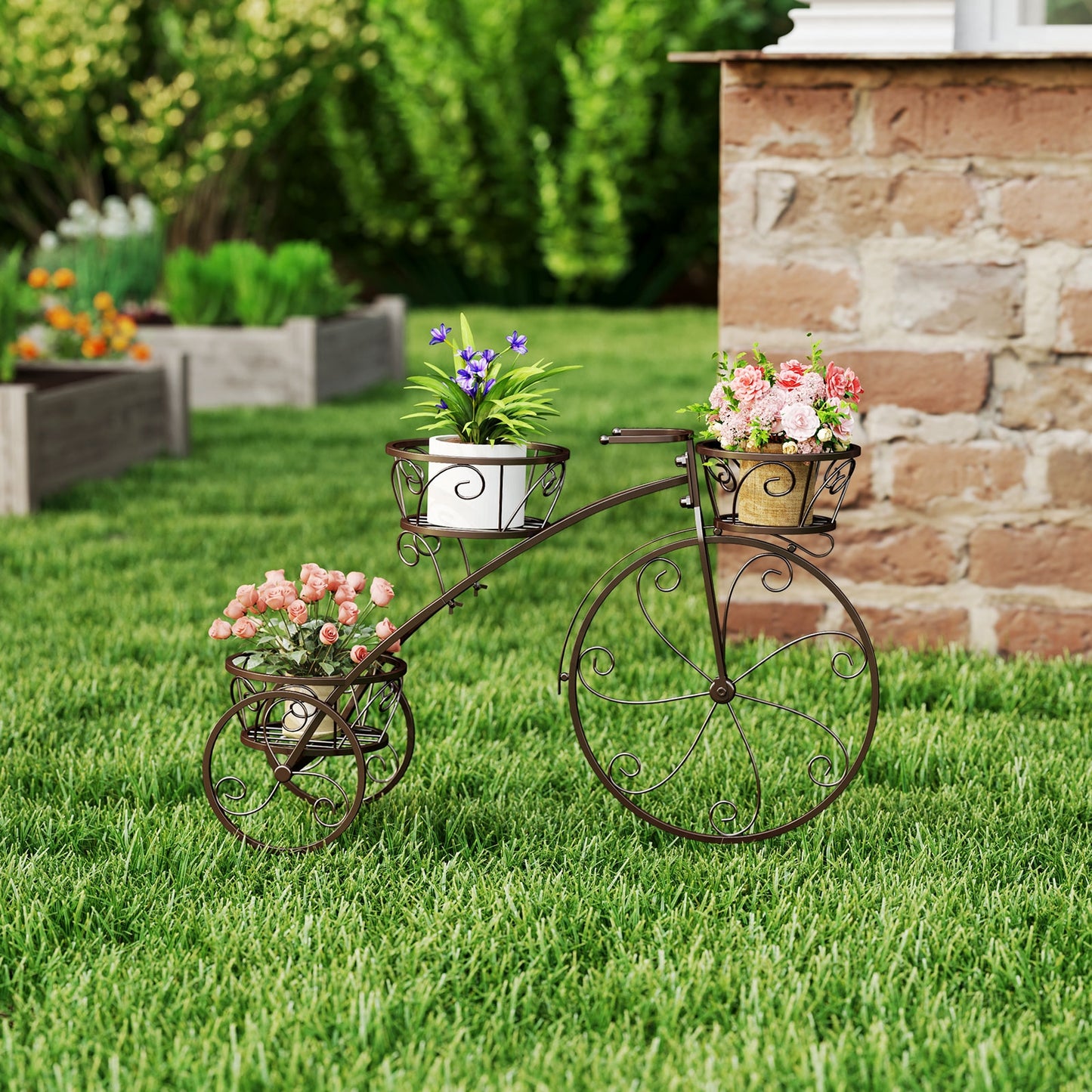Tricycle Plant Stand Flower Pot Cart Holder with 3 Hollowed Baskets-Bronze